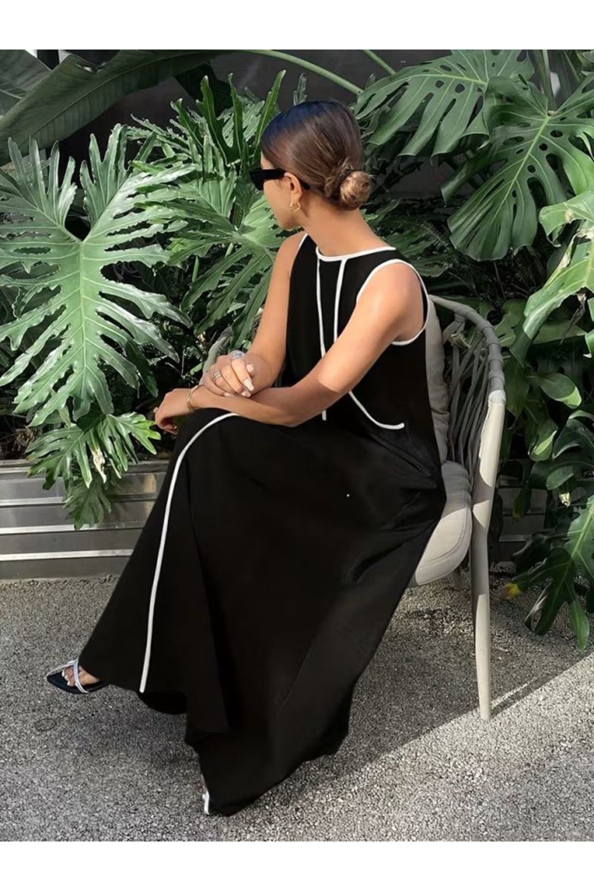 Kadın Omuzlardan Açık Yaka Ince şerit Detaylı Uzun Viskon Elbise