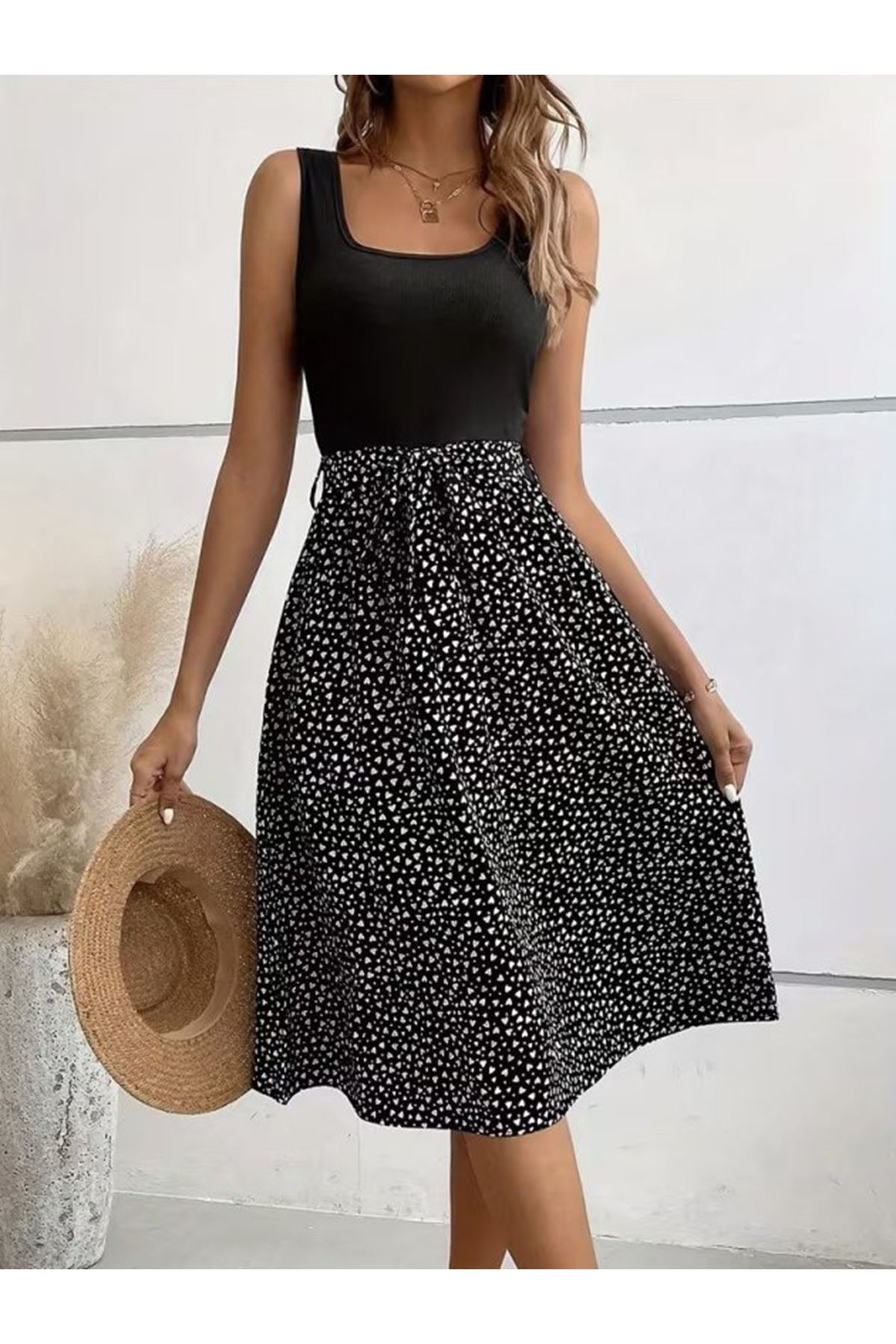 Kadın Askılı Yuvarlak Yakalı üst Viskon Alt Süprem Kısa Elbise