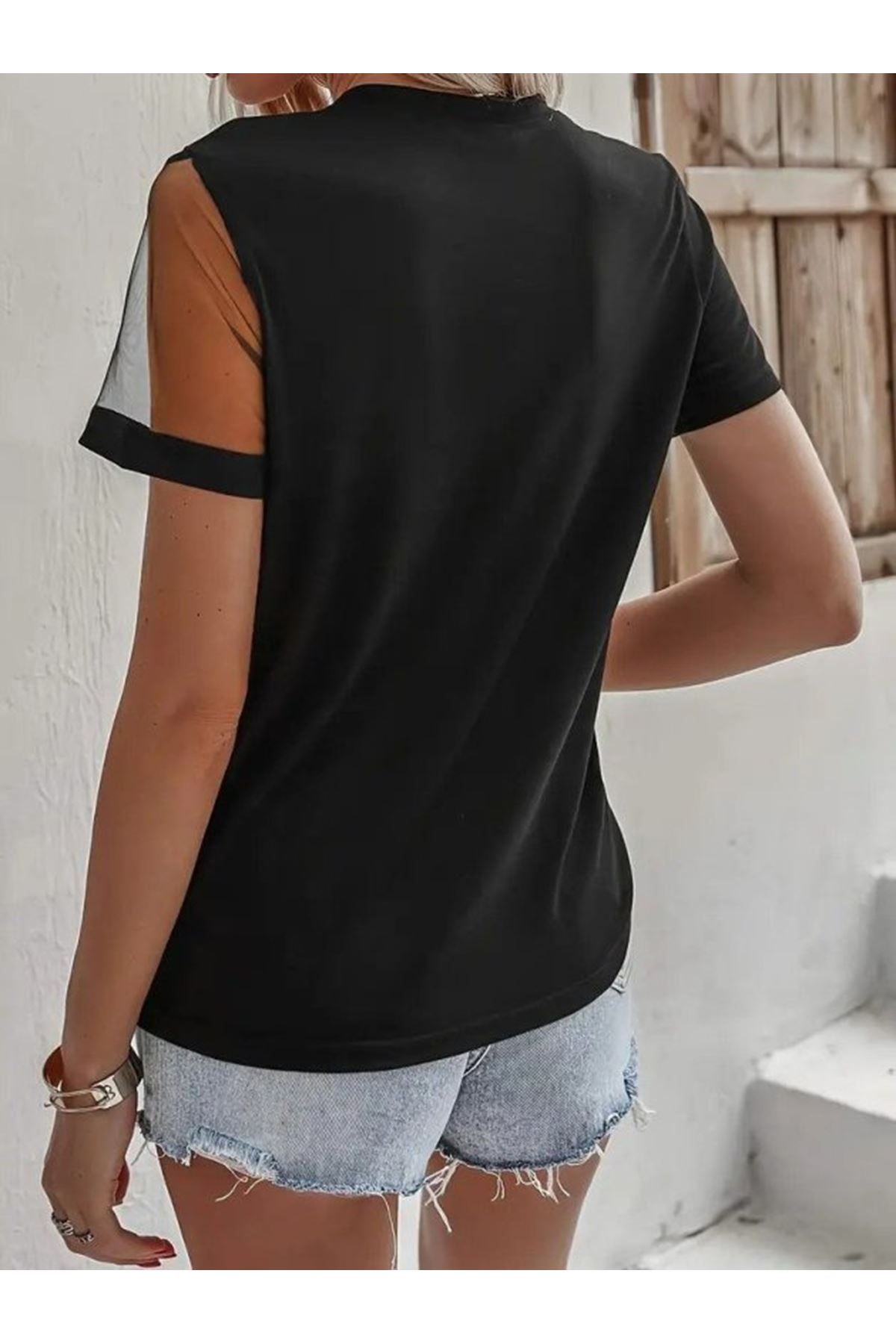 Kadın Kısa Kollu Tül Detaylı Taşlı Janjan Krep Bluz