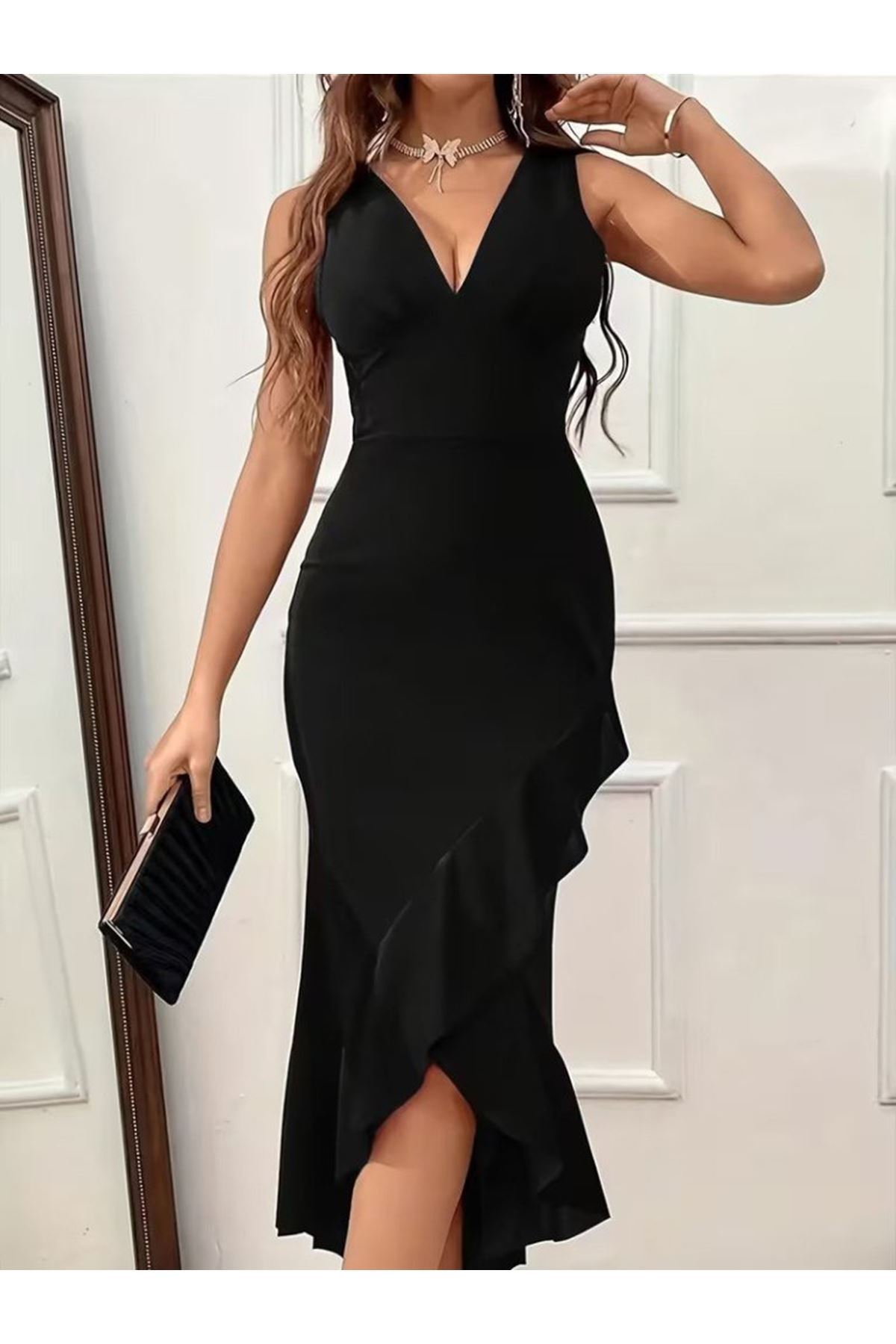 Kadın Askılı Kruvaze Yakalı önden Fırfırlı Uzun Ithal Krep Elbise