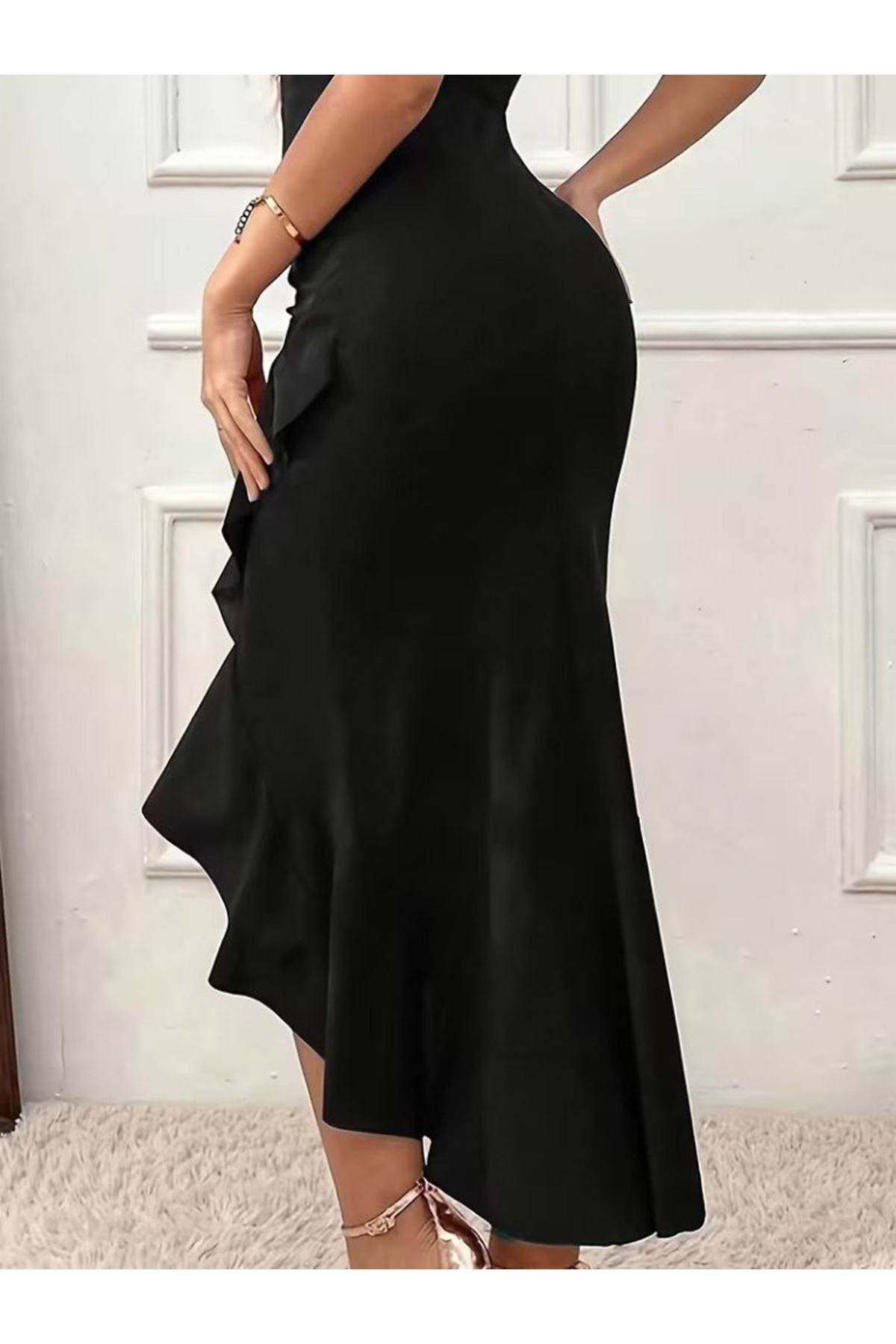 Kadın Askılı Kruvaze Yakalı önden Fırfırlı Uzun Ithal Krep Elbise