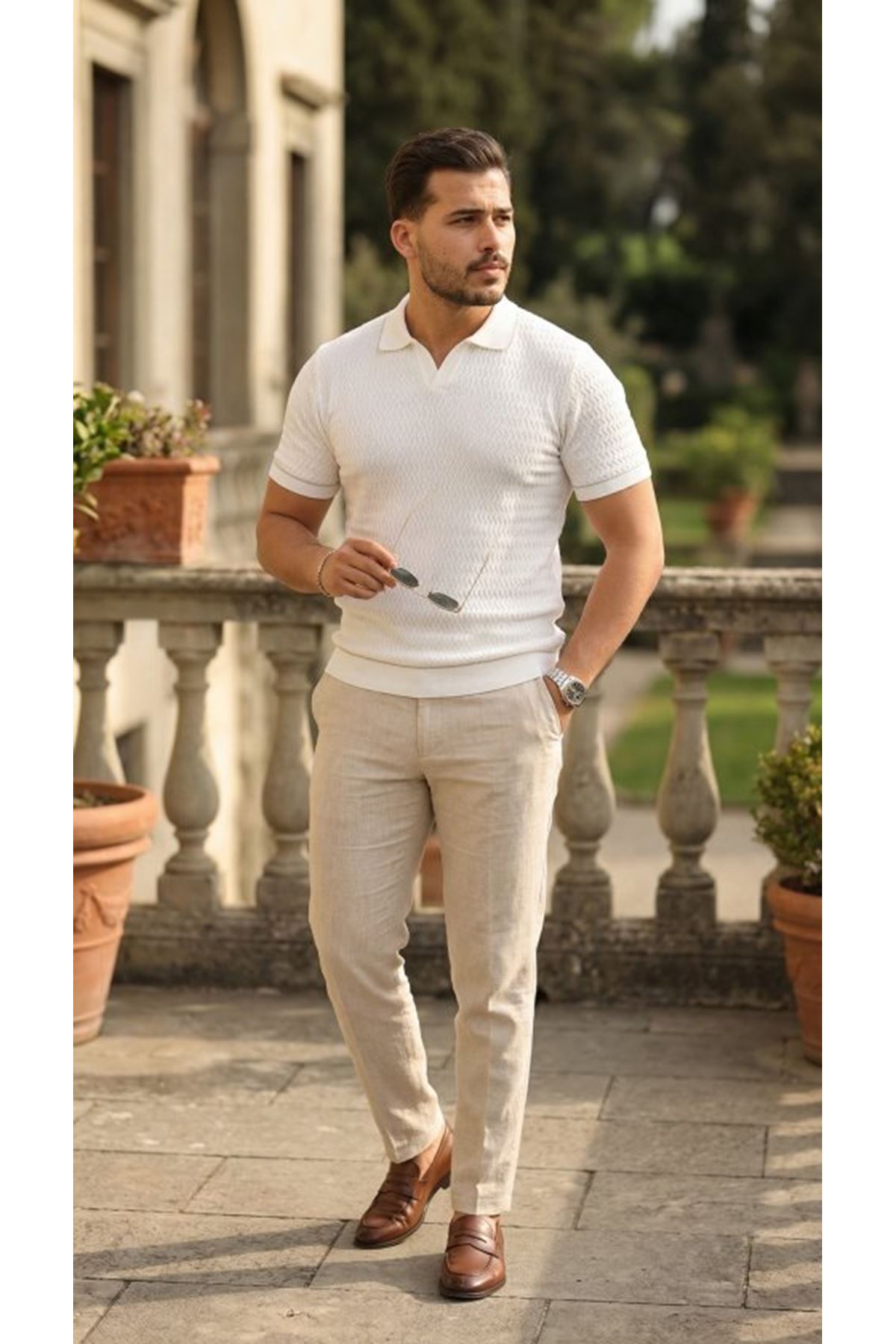 Erkek Zikzak Dokulu Yakalı Kısa Kollu Triko