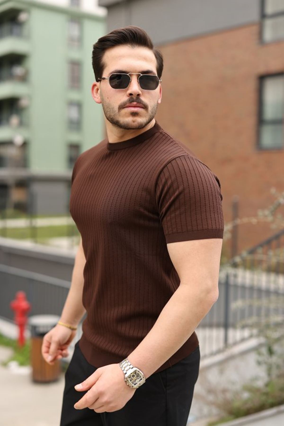 Erkek Fitilli Bisiklet Yaka Triko Tişört