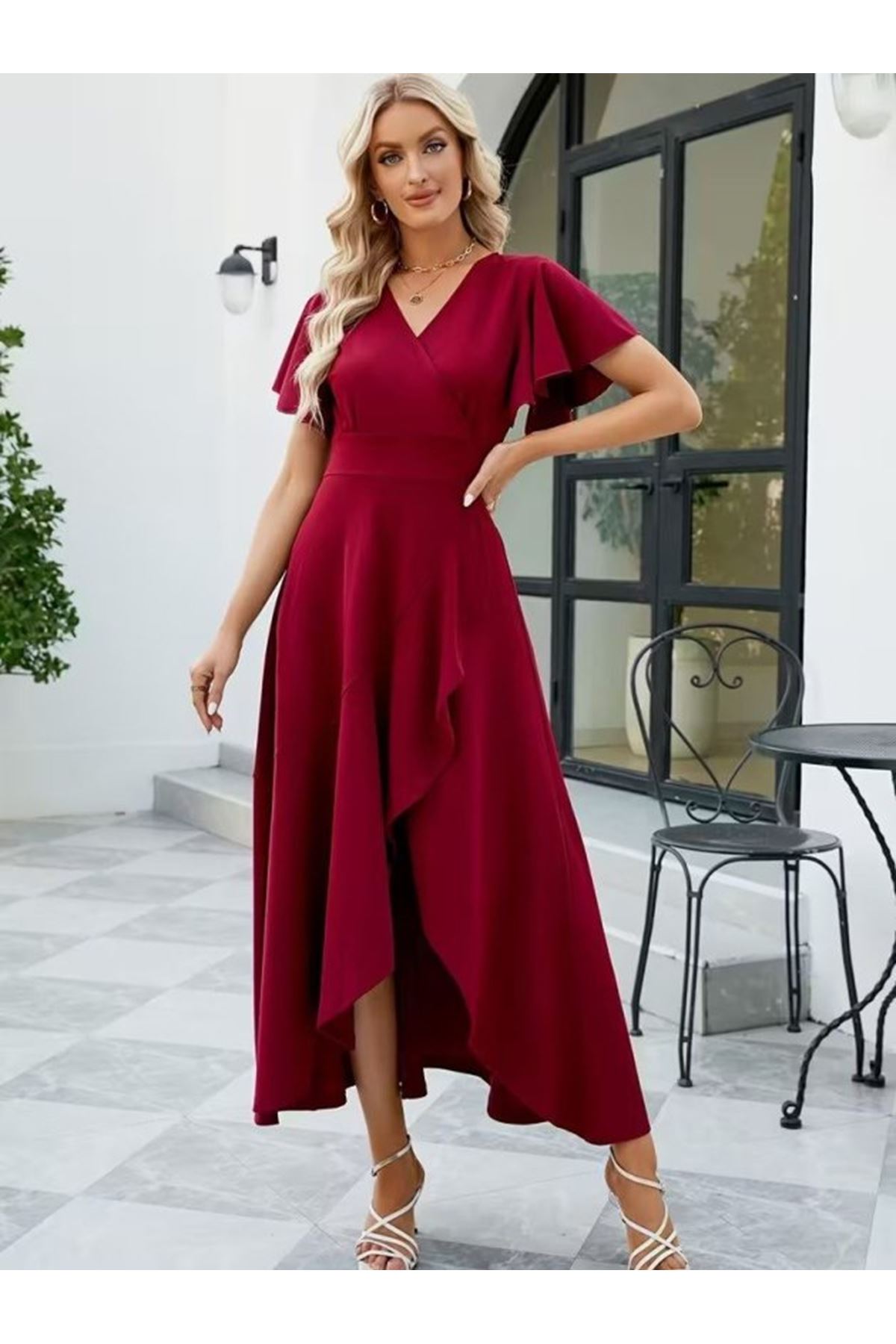 Kadın Kısa Kollu Kruvaze Yakalı ön Asimetrik Volanlı Uzun Ithal Krep Elbise