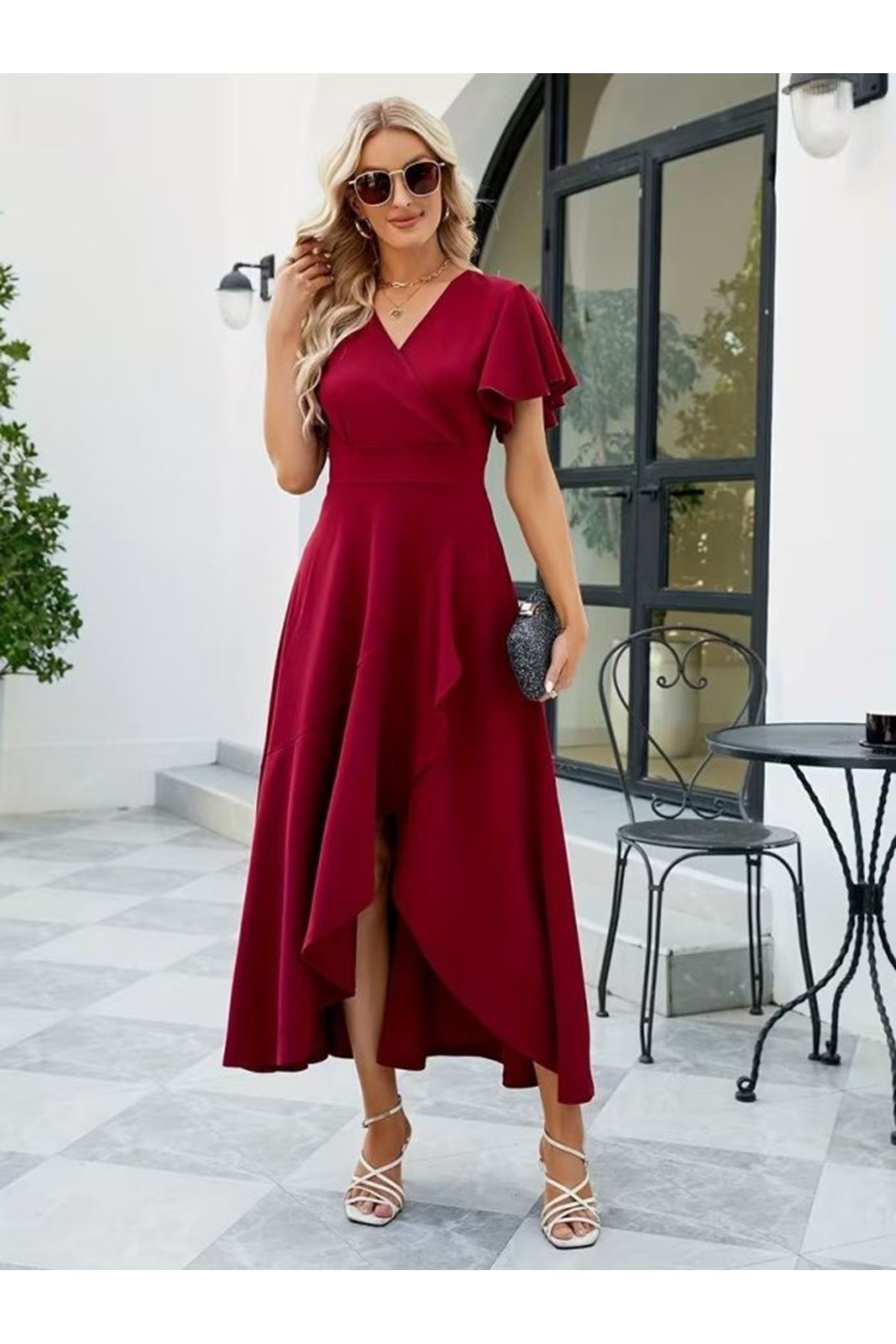 Kadın Kısa Kollu Kruvaze Yakalı ön Asimetrik Volanlı Uzun Ithal Krep Elbise