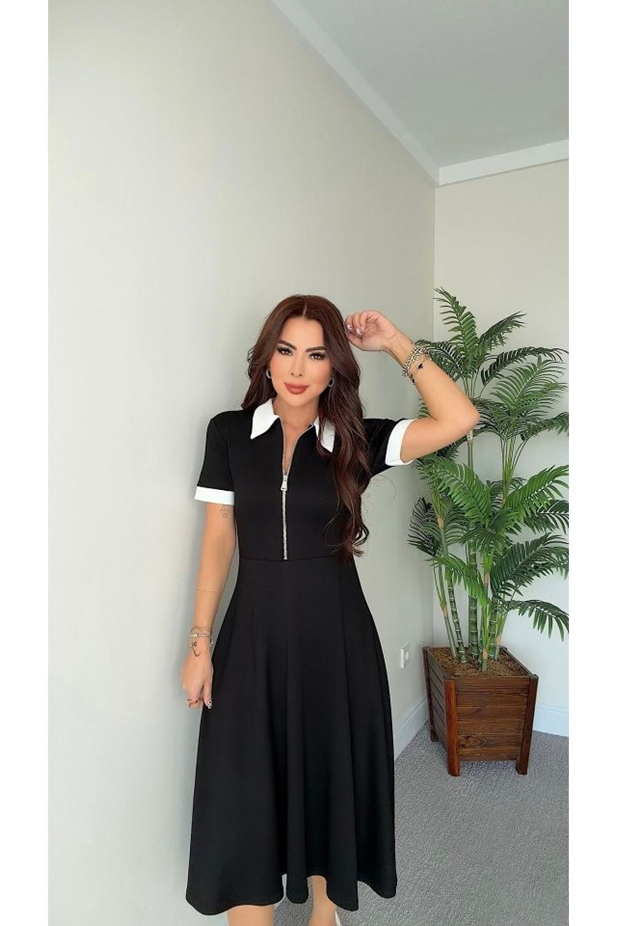 Kadın Kısa Kollu Ribana Ve Fermuar Detay Midi Boy Elbise