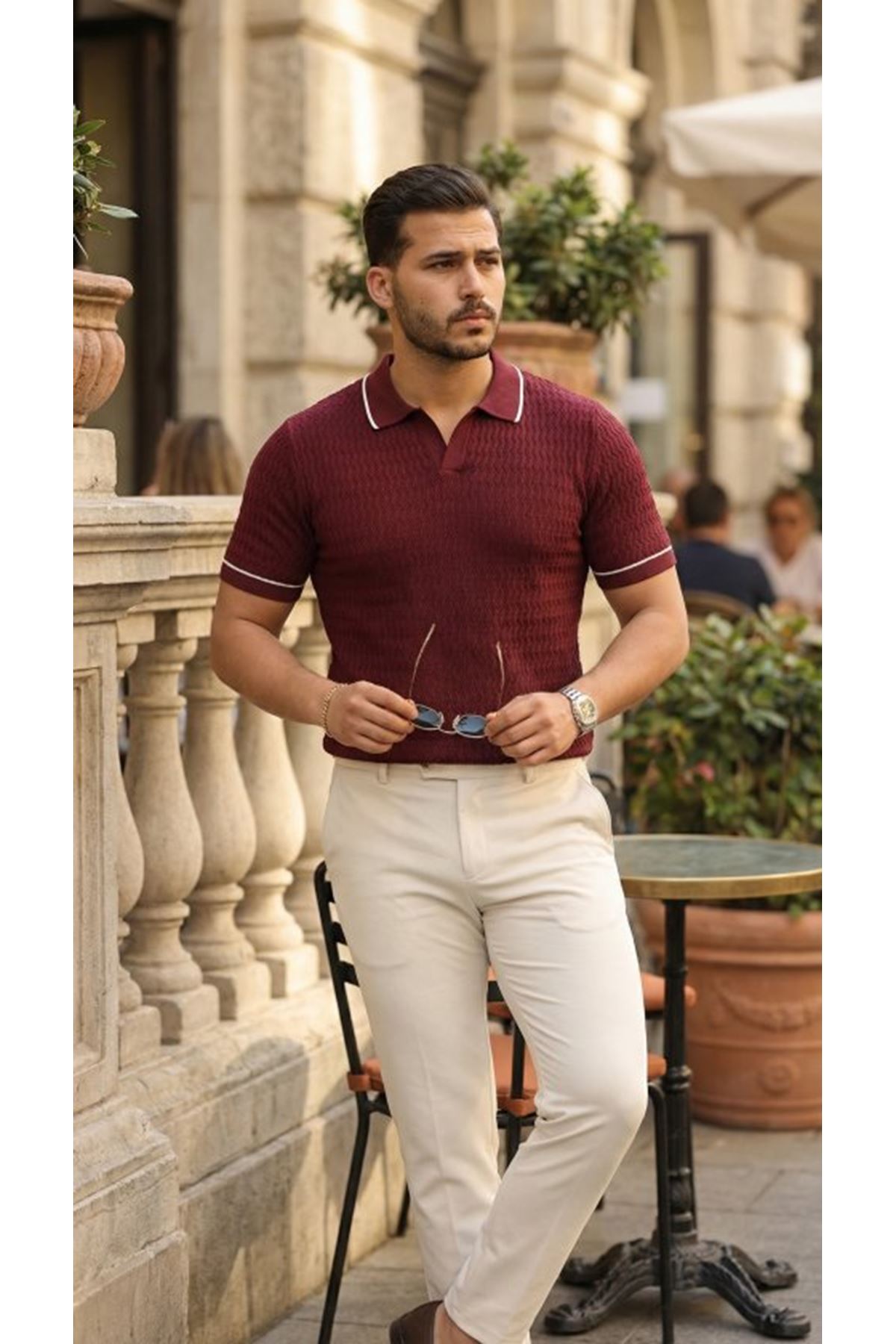 Erkek Zikzak Dokulu Yakalı Kısa Kollu Triko