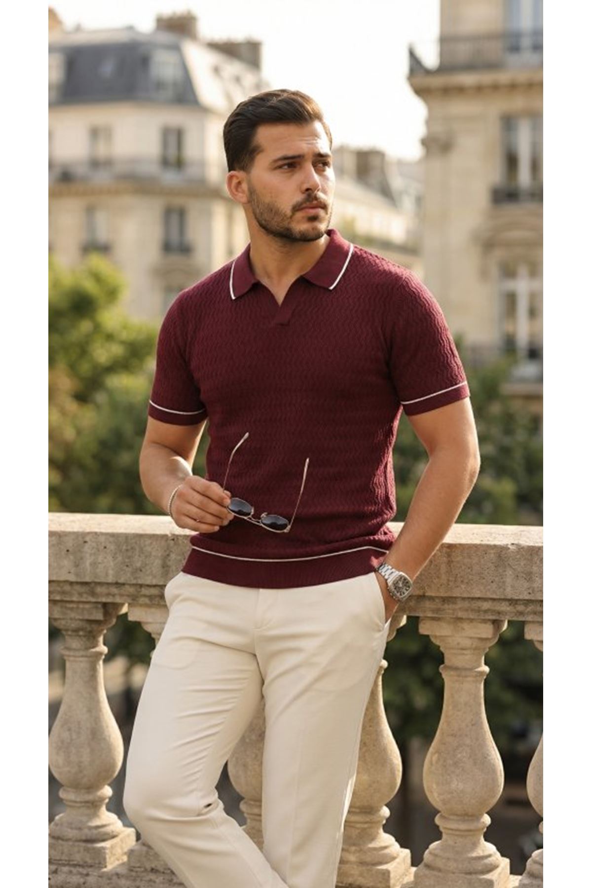 Erkek Zikzak Dokulu Yakalı Kısa Kollu Triko