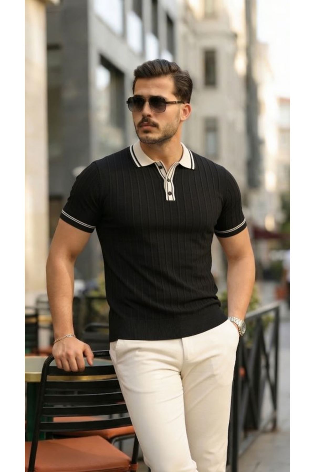 Erkek Düğme Yakalı Kontrast Yaka Triko Tişört