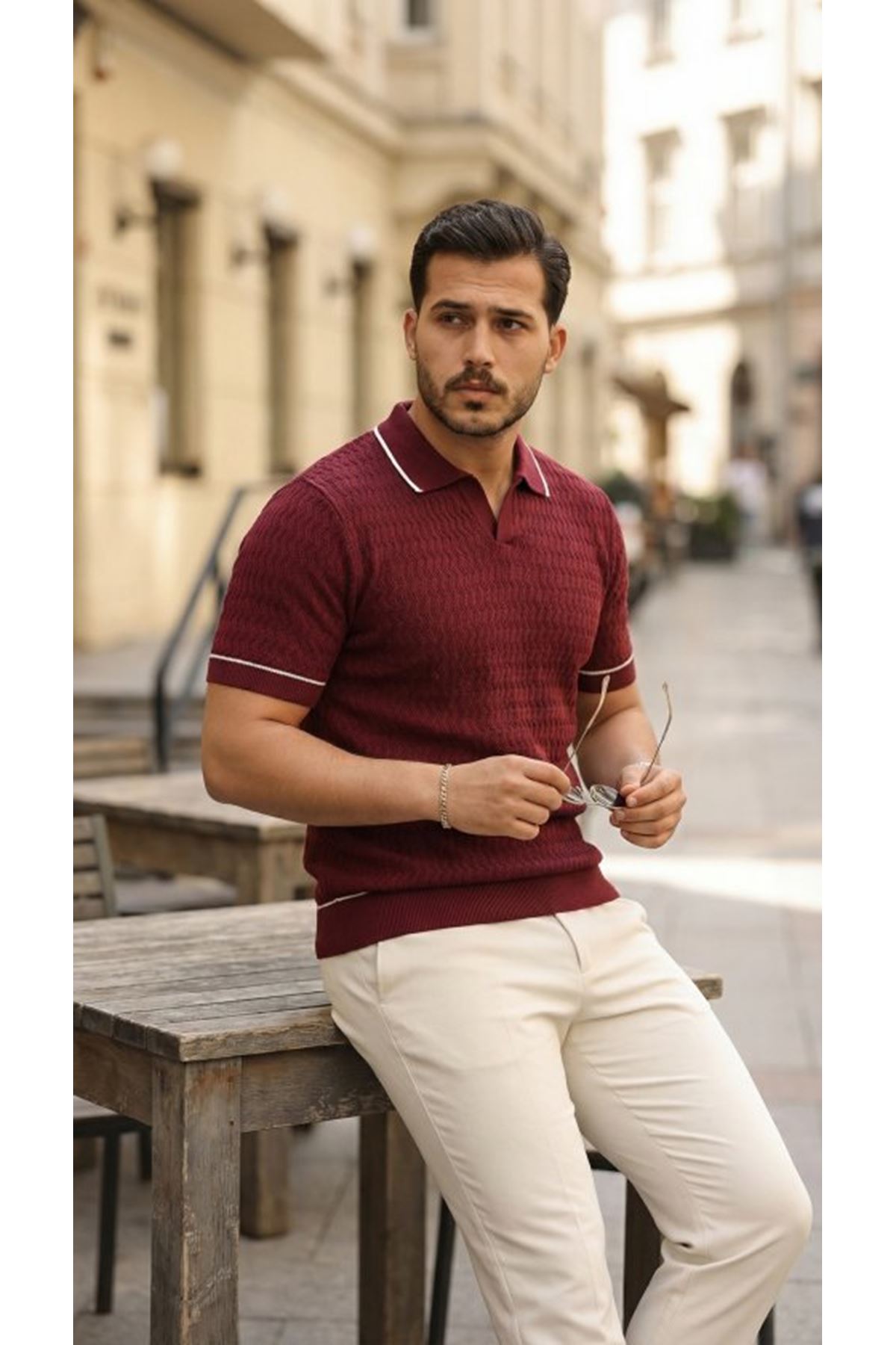 Erkek Zikzak Dokulu Yakalı Kısa Kollu Triko