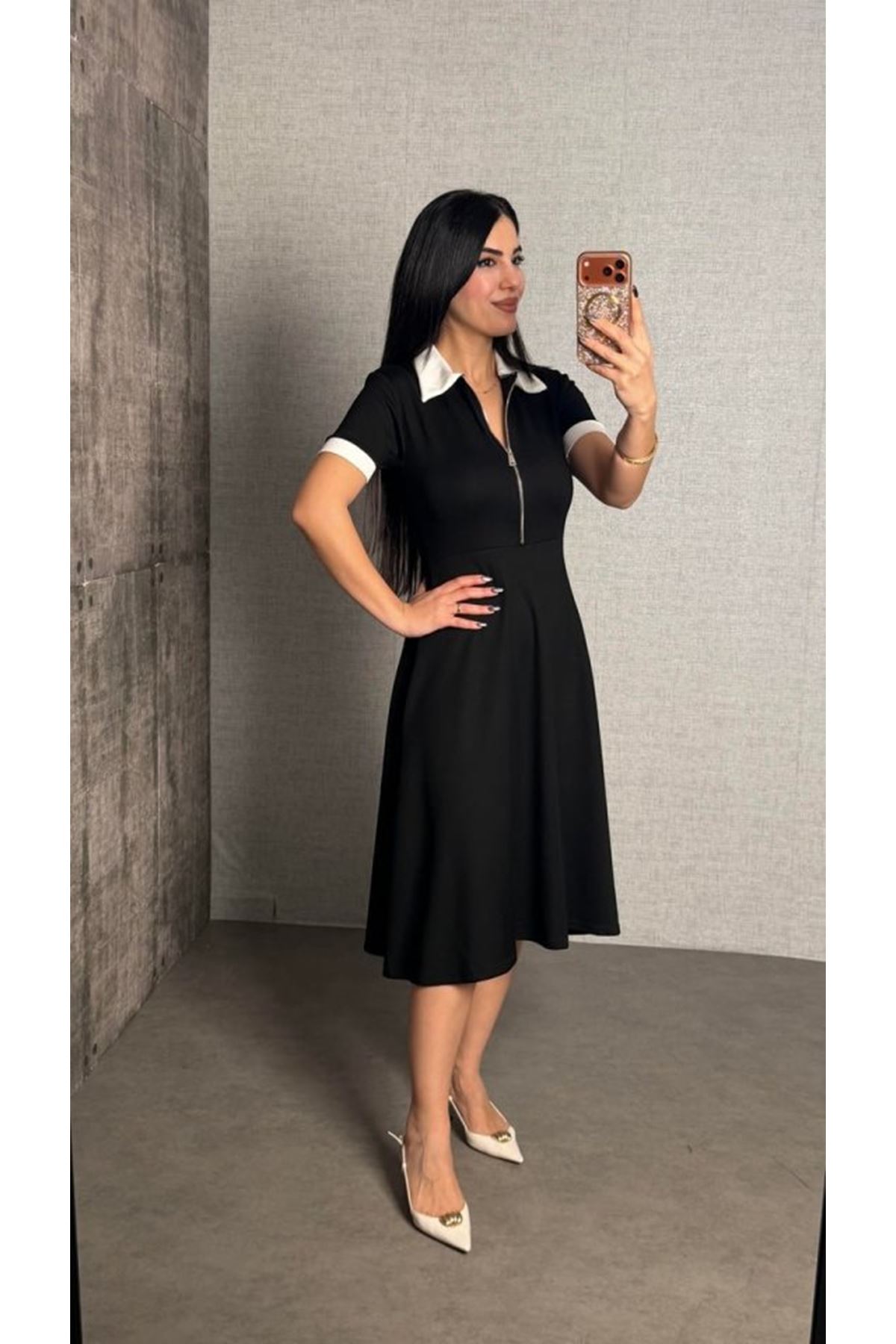 Kadın Kısa Kollu Ribana Ve Fermuar Detay Midi Boy Elbise