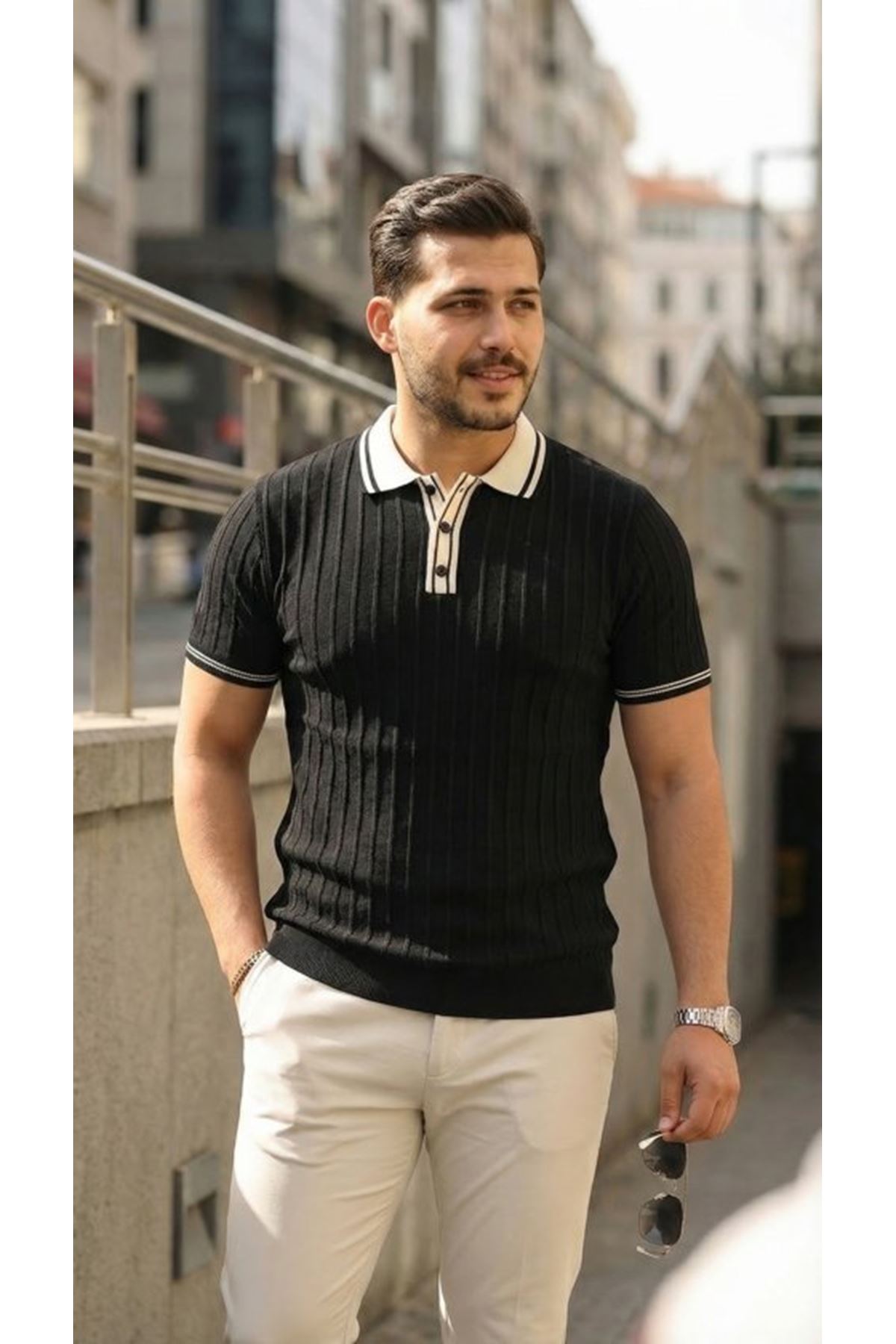 Erkek Düğme Yakalı Kontrast Yaka Triko Tişört