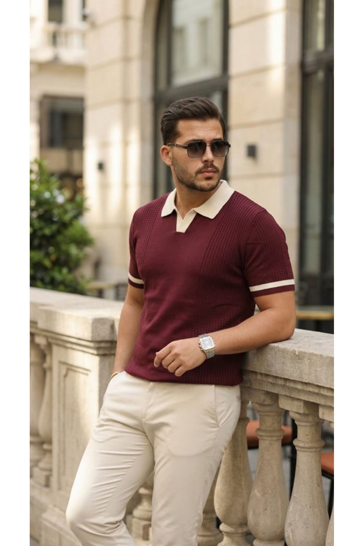 Erkek Renkli Yakalı File Desenli Kısa Kollu Tişört