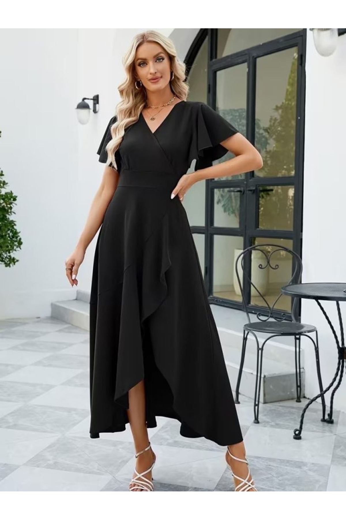 Kadın Kısa Kollu Kruvaze Yakalı ön Asimetrik Volanlı Uzun Ithal Krep Elbise