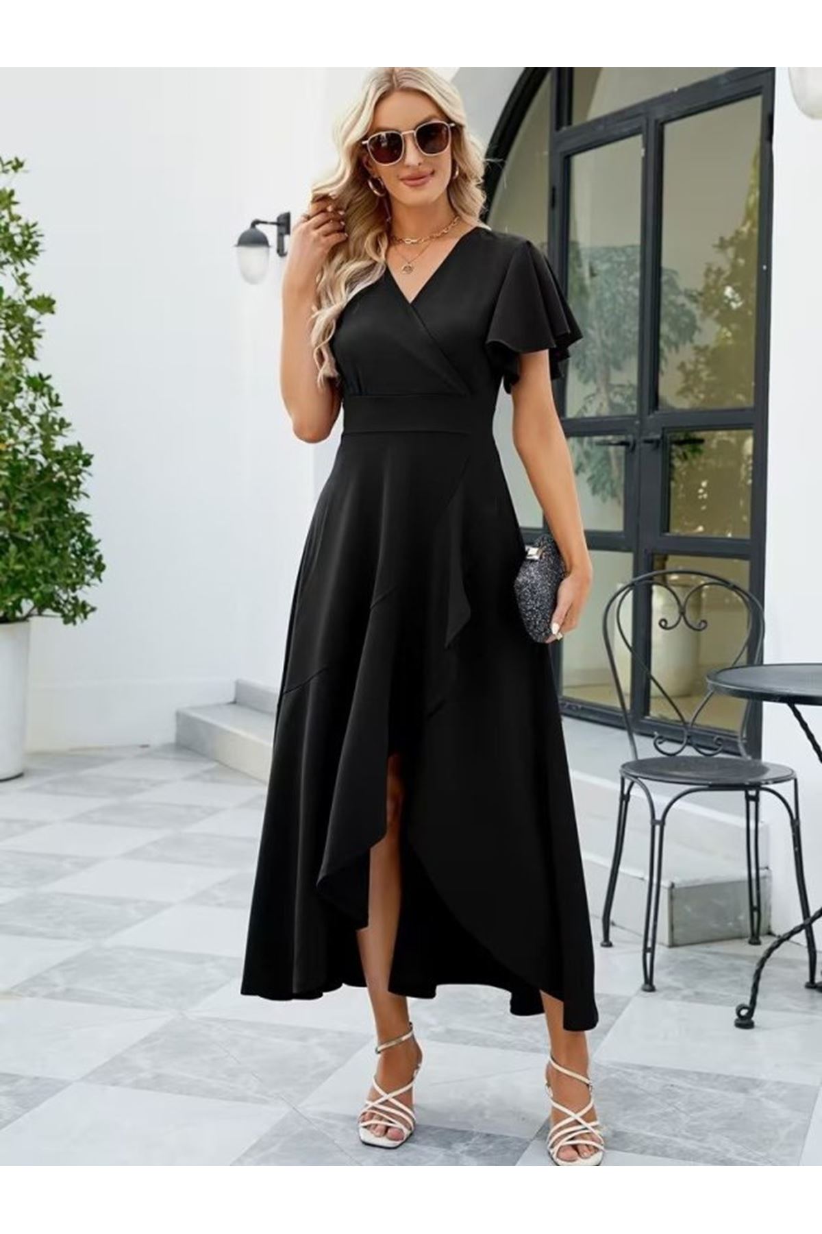 Kadın Kısa Kollu Kruvaze Yakalı ön Asimetrik Volanlı Uzun Ithal Krep Elbise