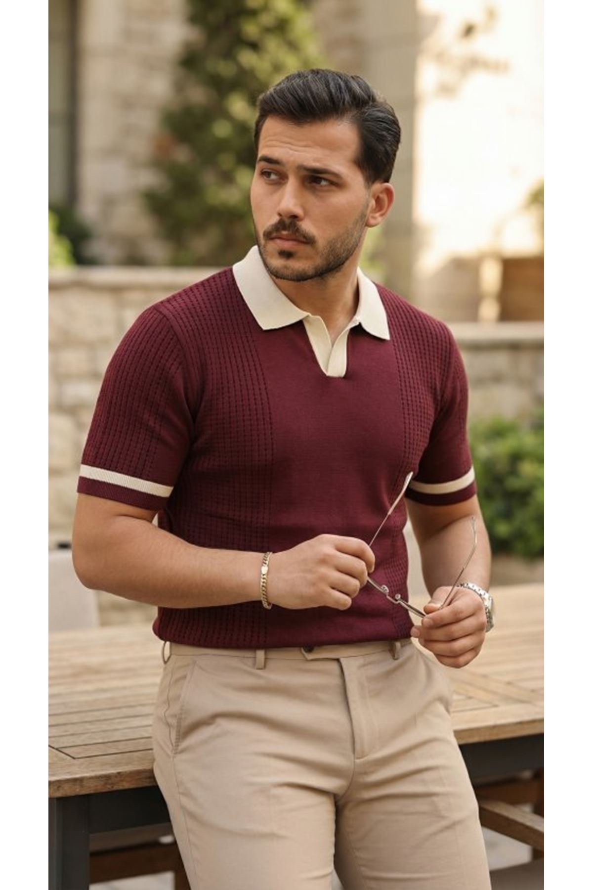 Erkek Renkli Yakalı File Desenli Kısa Kollu Tişört