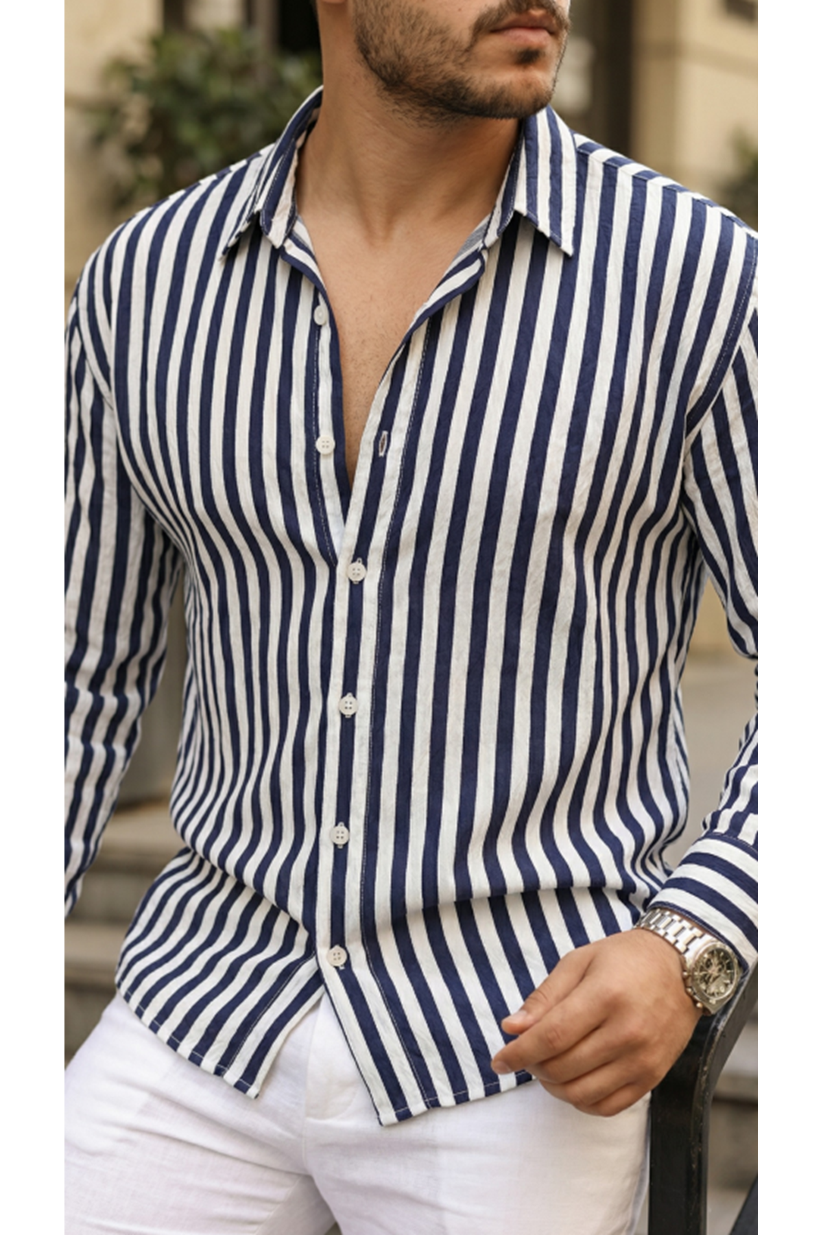 Erkek Dikey Çizgili Yarım Oversize Gömlek