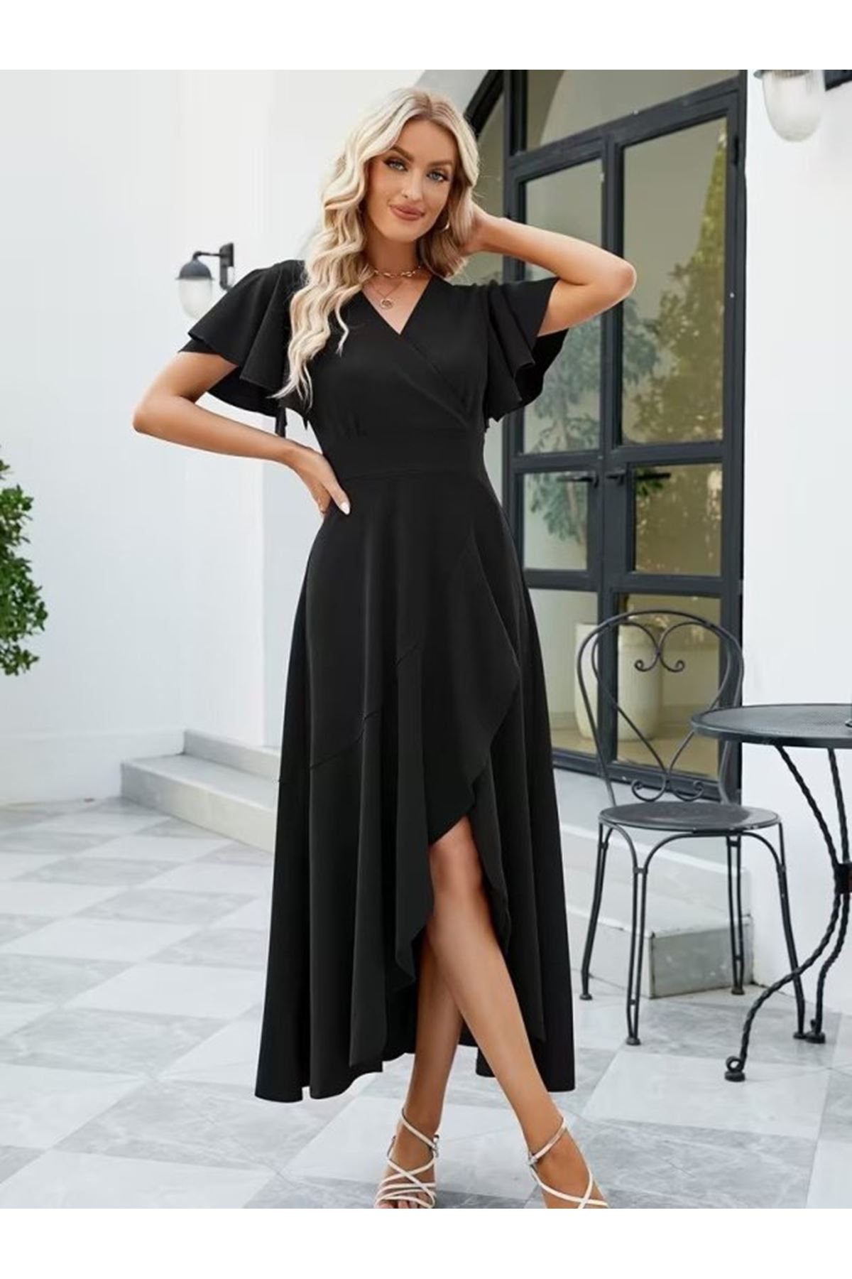 Kadın Kısa Kollu Kruvaze Yakalı ön Asimetrik Volanlı Uzun Ithal Krep Elbise