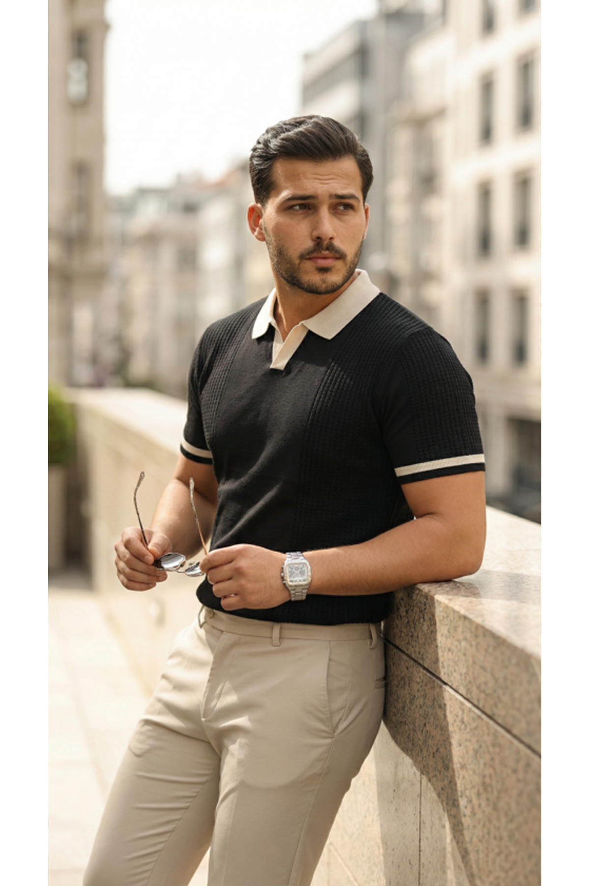 Erkek Renkli Yakalı File Desenli Kısa Kollu Tişört