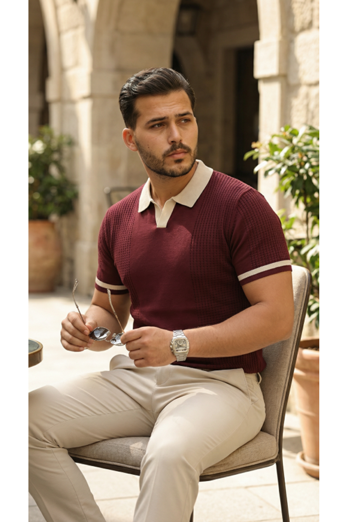 Erkek Renkli Yakalı File Desenli Kısa Kollu Tişört