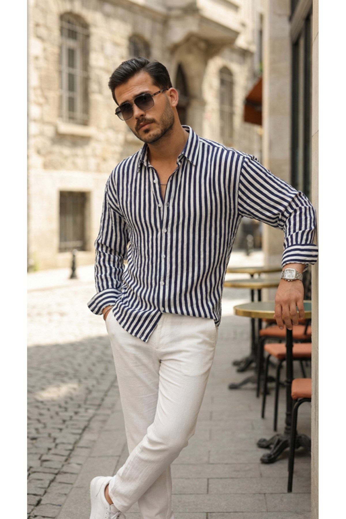 Erkek Dikey Çizgili Yarım Oversize Gömlek