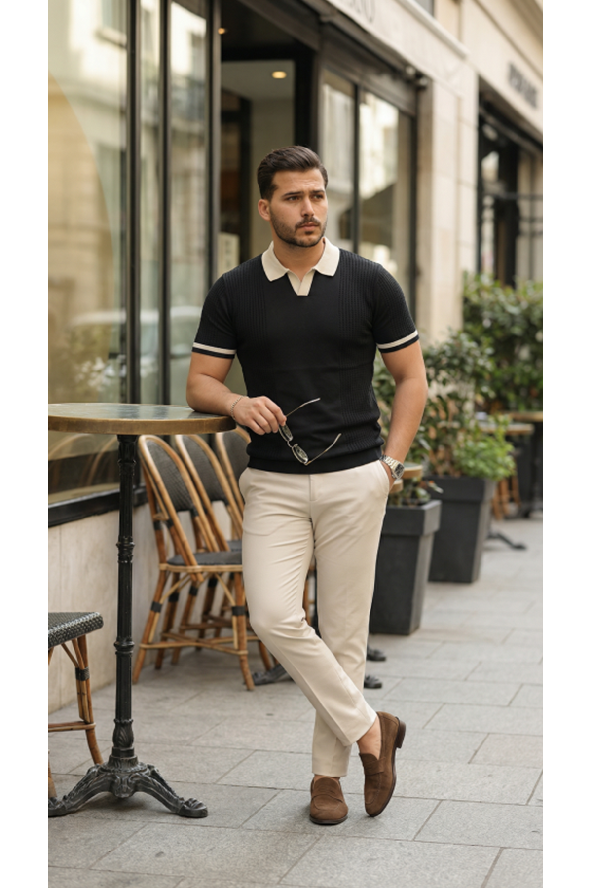 Erkek Renkli Yakalı File Desenli Kısa Kollu Tişört