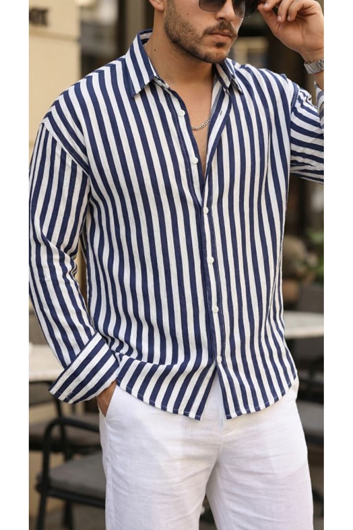 Erkek Dikey Çizgili Yarım Oversize Gömlek