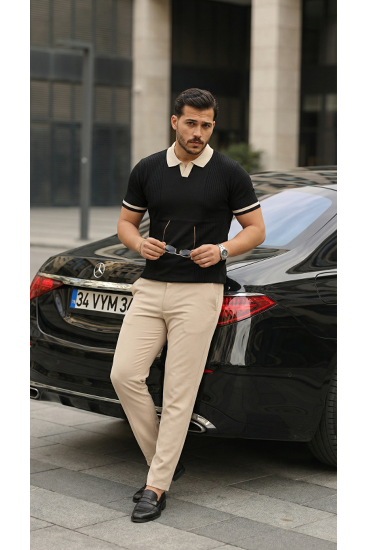 Erkek Renkli Yakalı File Desenli Kısa Kollu Tişört