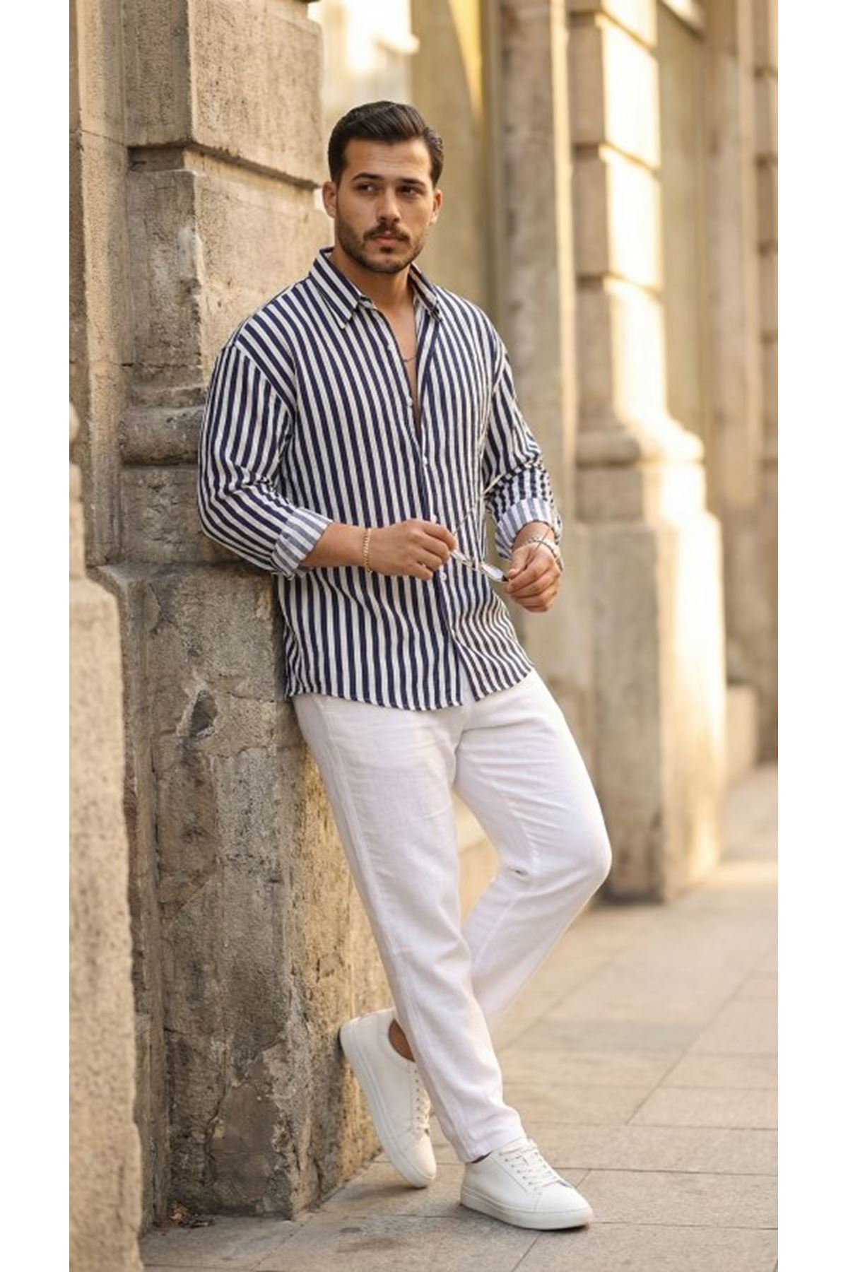 Erkek Dikey Çizgili Yarım Oversize Gömlek