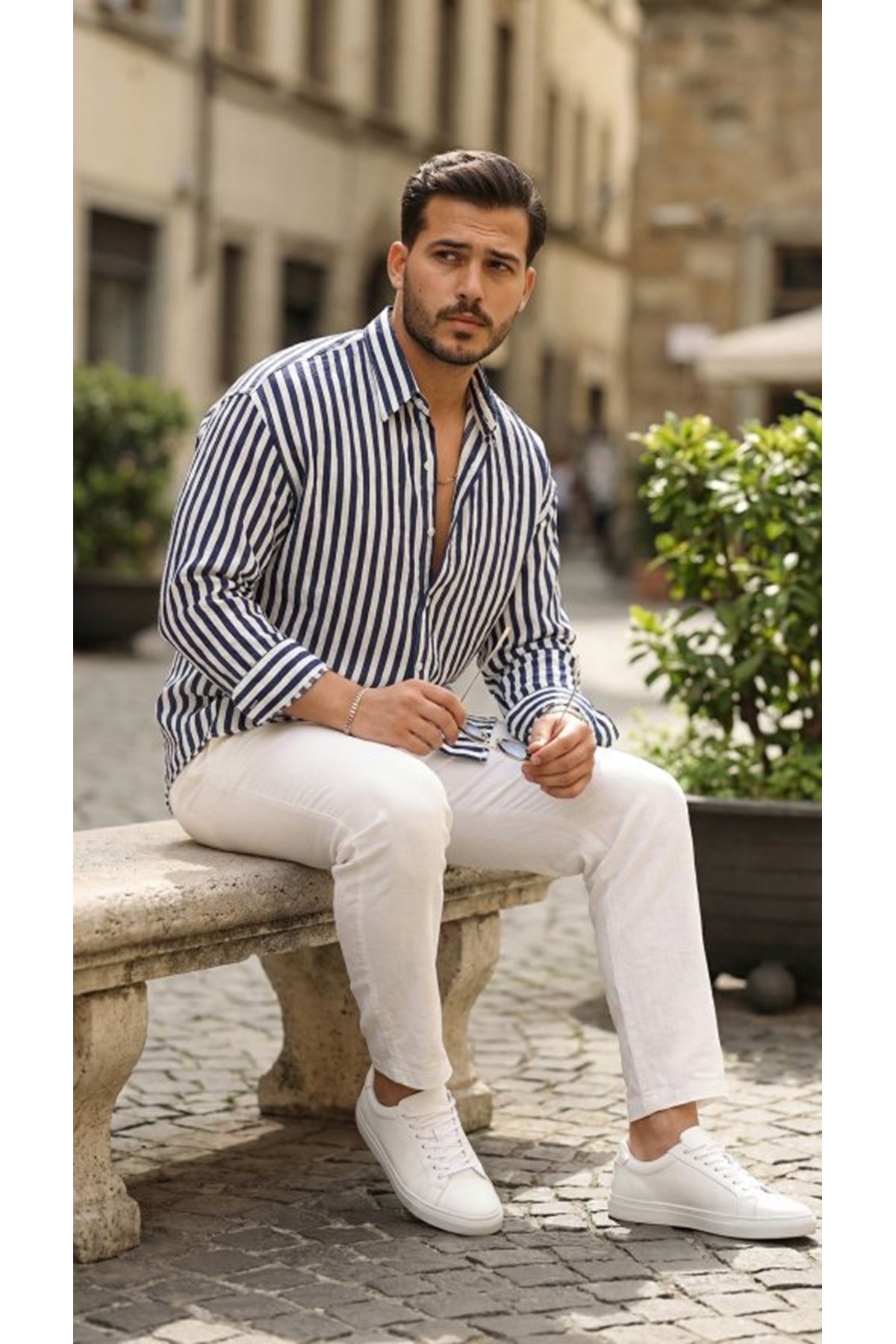 Erkek Dikey Çizgili Yarım Oversize Gömlek