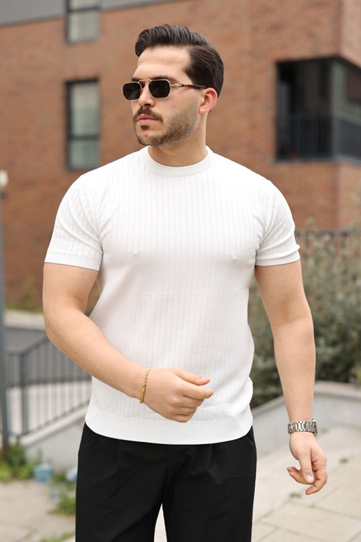 Erkek Fitilli Bisiklet Yaka Triko Tişört