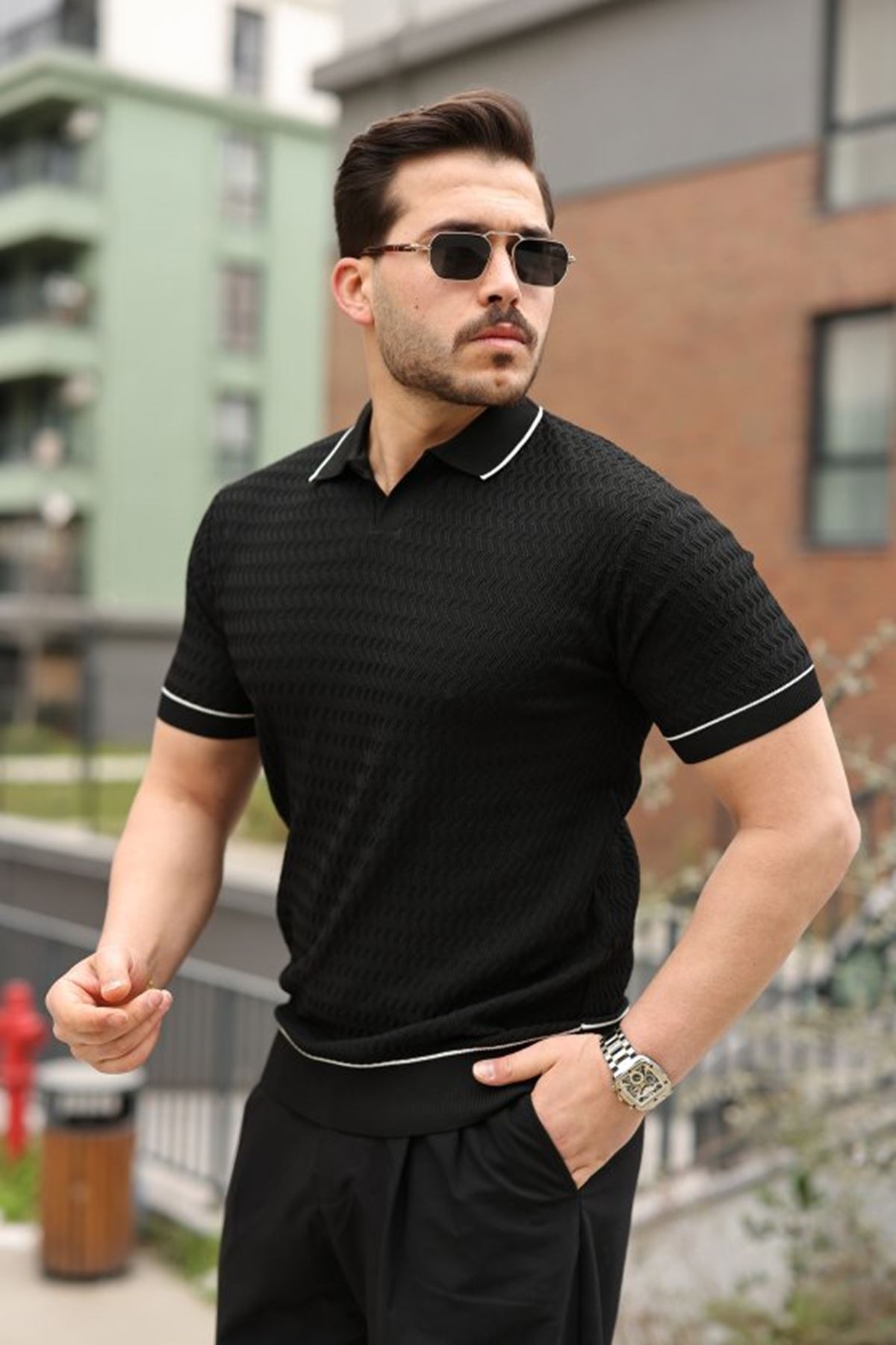 Erkek Zikzak Dokulu Yakalı Kısa Kollu Triko