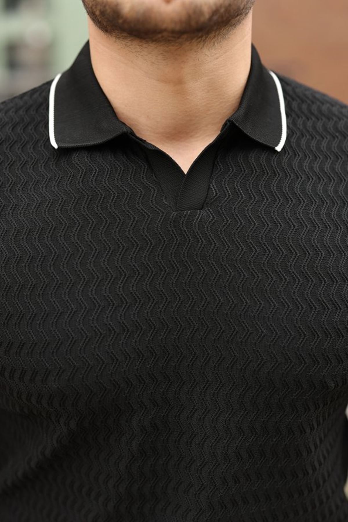 Erkek Zikzak Dokulu Yakalı Kısa Kollu Triko