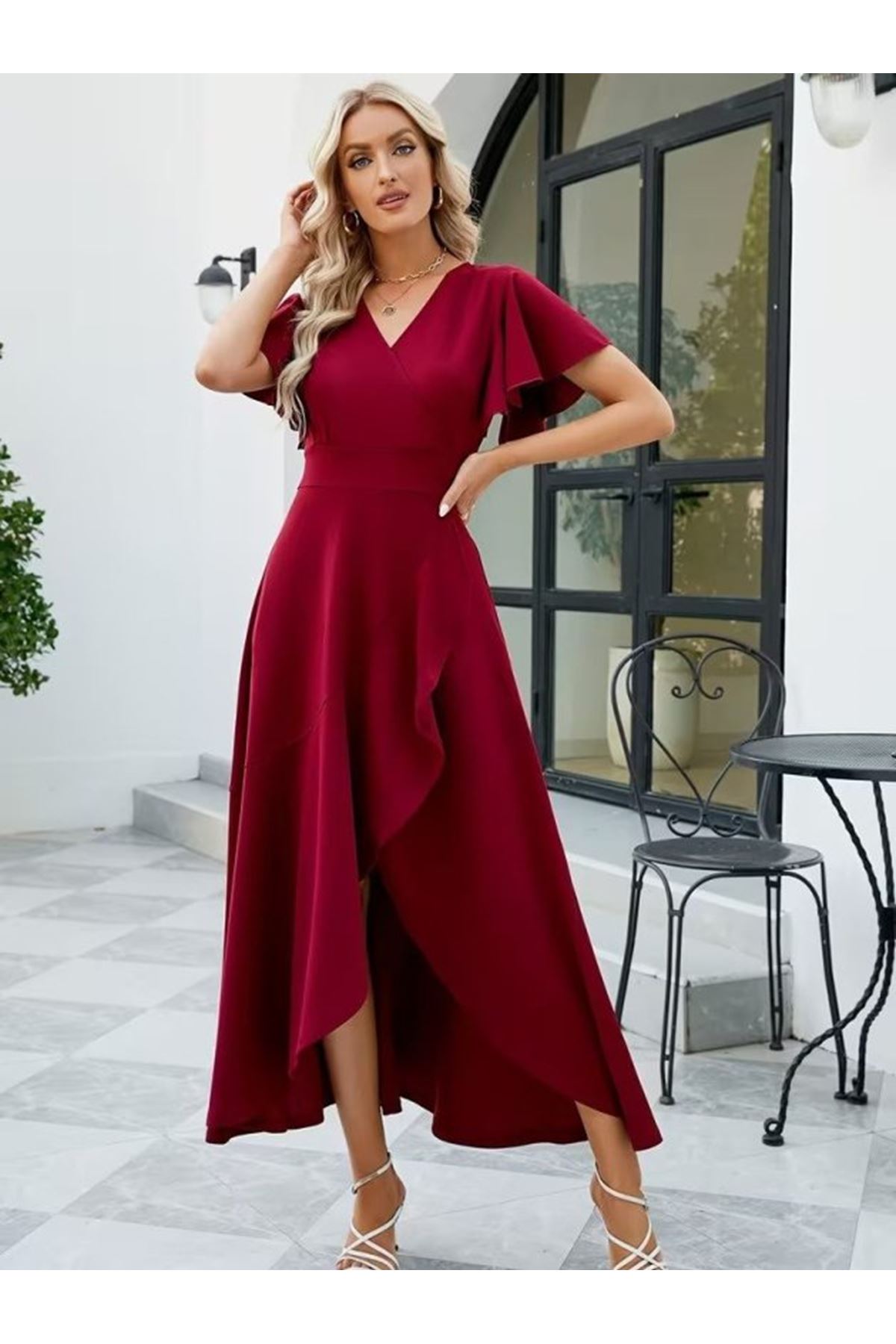Kadın Kısa Kollu Kruvaze Yakalı ön Asimetrik Volanlı Uzun Ithal Krep Elbise