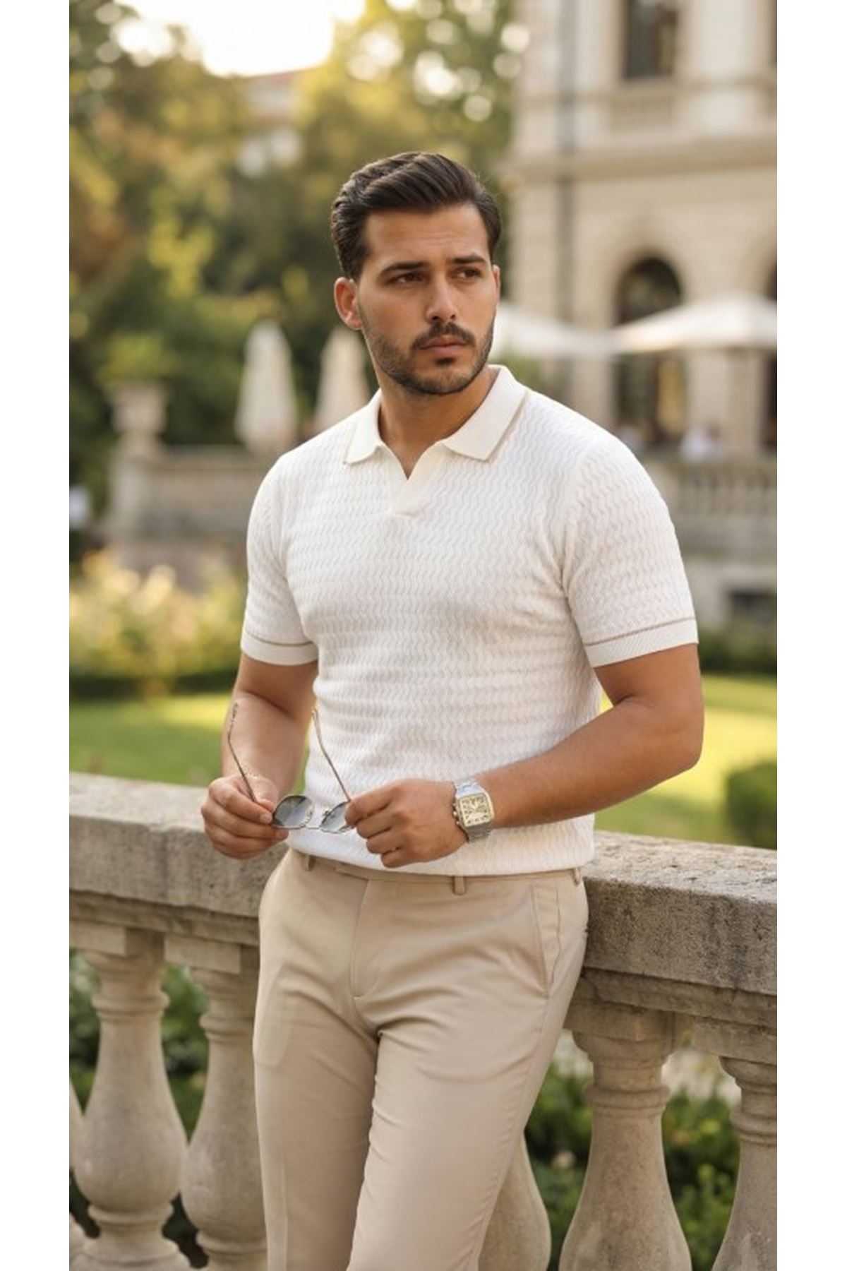 Erkek Zikzak Dokulu Yakalı Kısa Kollu Triko