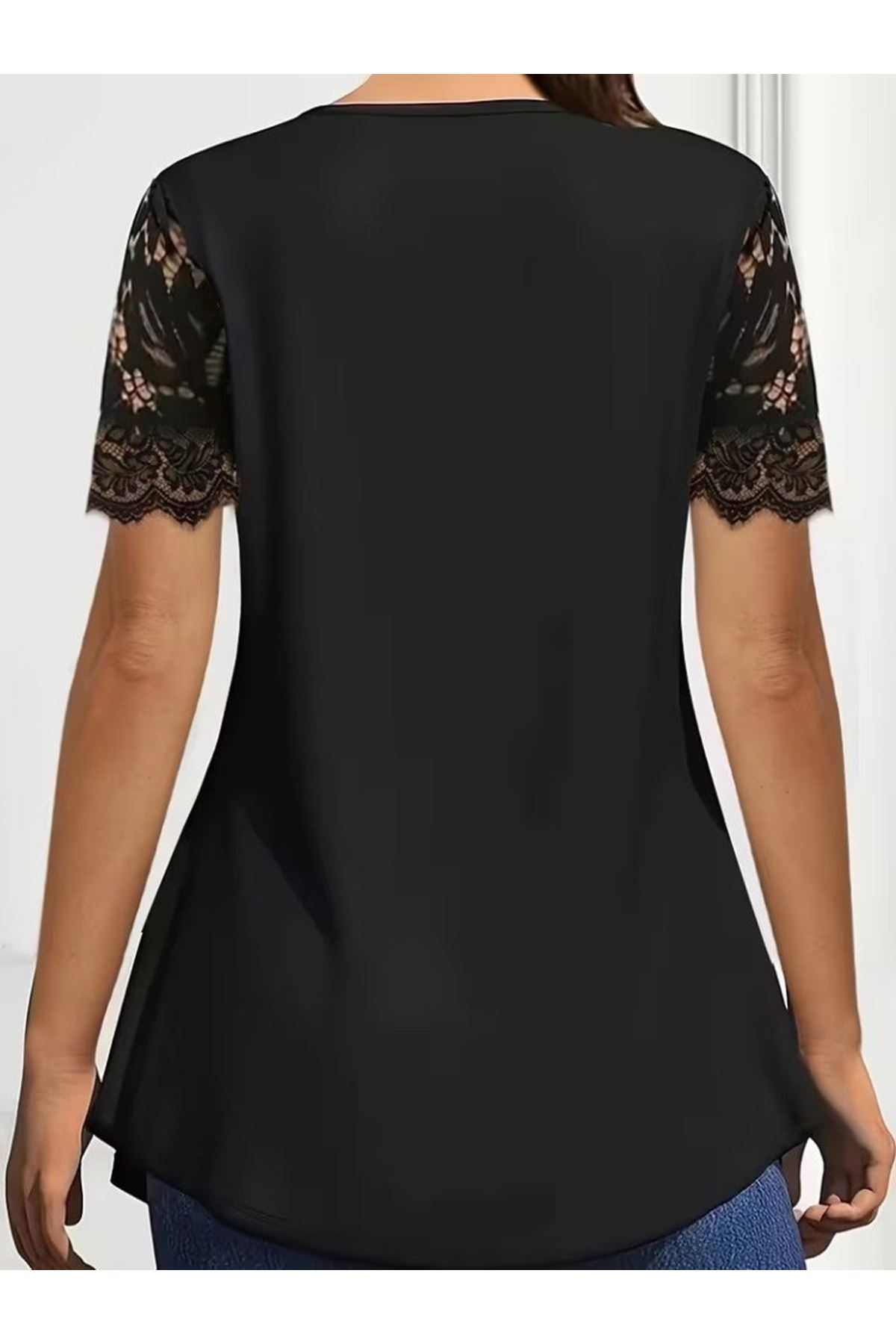 Kadın Kısa Kollu V Dantel Yakalı Düğmeli Viskon Bluz