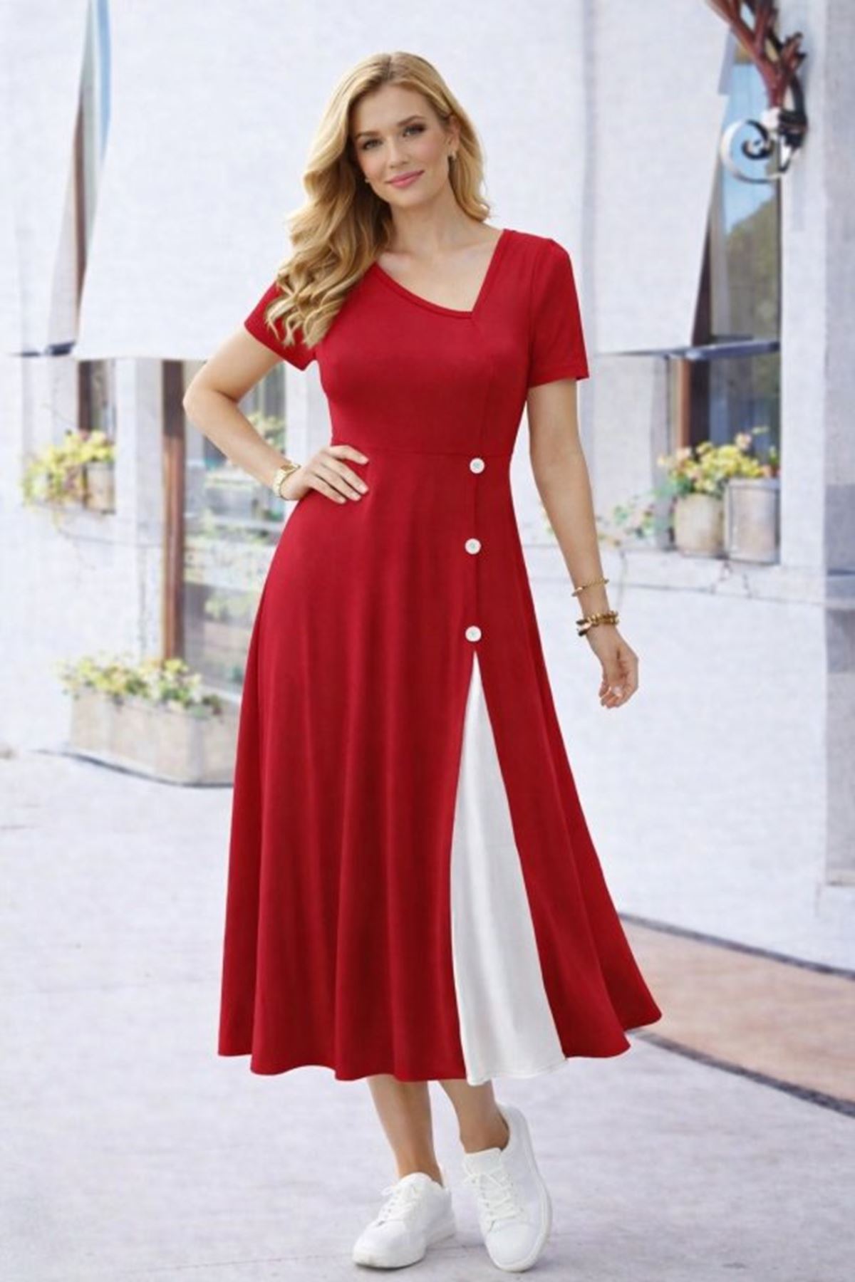 Kadın Kısa Kollu Asimetrik Yakalı Düğme Detaylı Midi Viskon Elbise