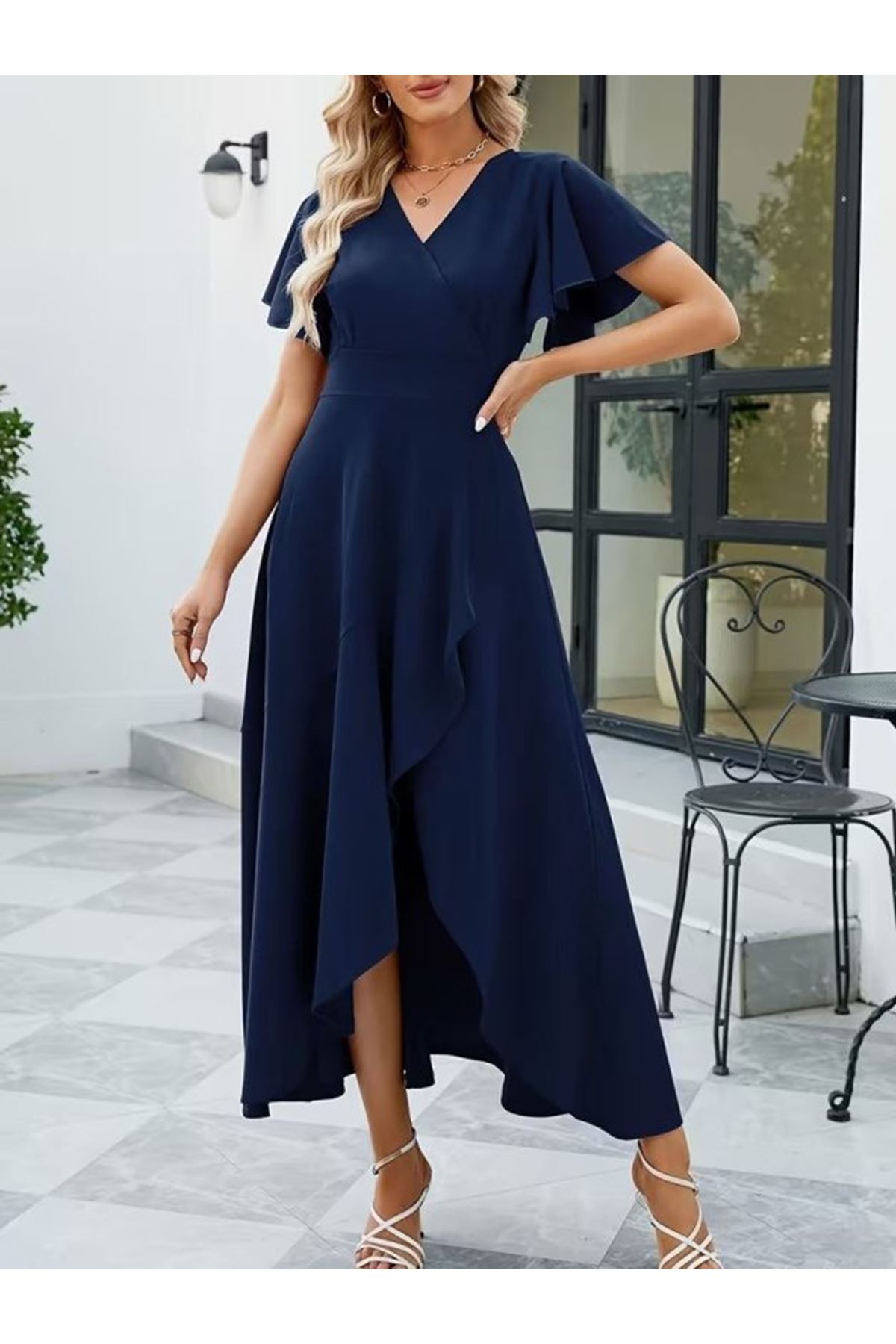 Kadın Kısa Kollu Kruvaze Yakalı ön Asimetrik Volanlı Uzun Ithal Krep Elbise