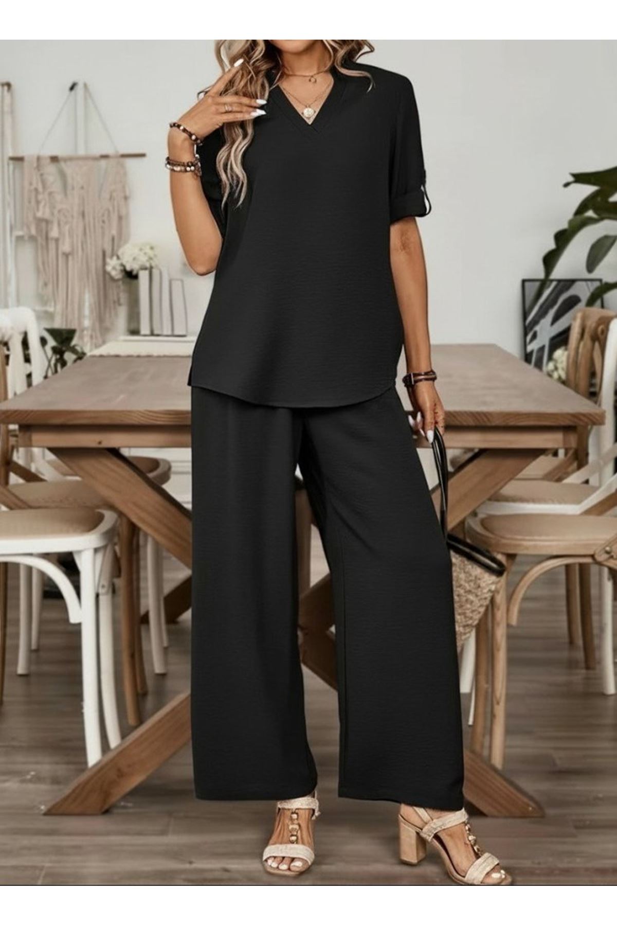 Kadın Kısa Kollu V Yakalı Aerobin Bluz Ve Pantolon Ikili Takım