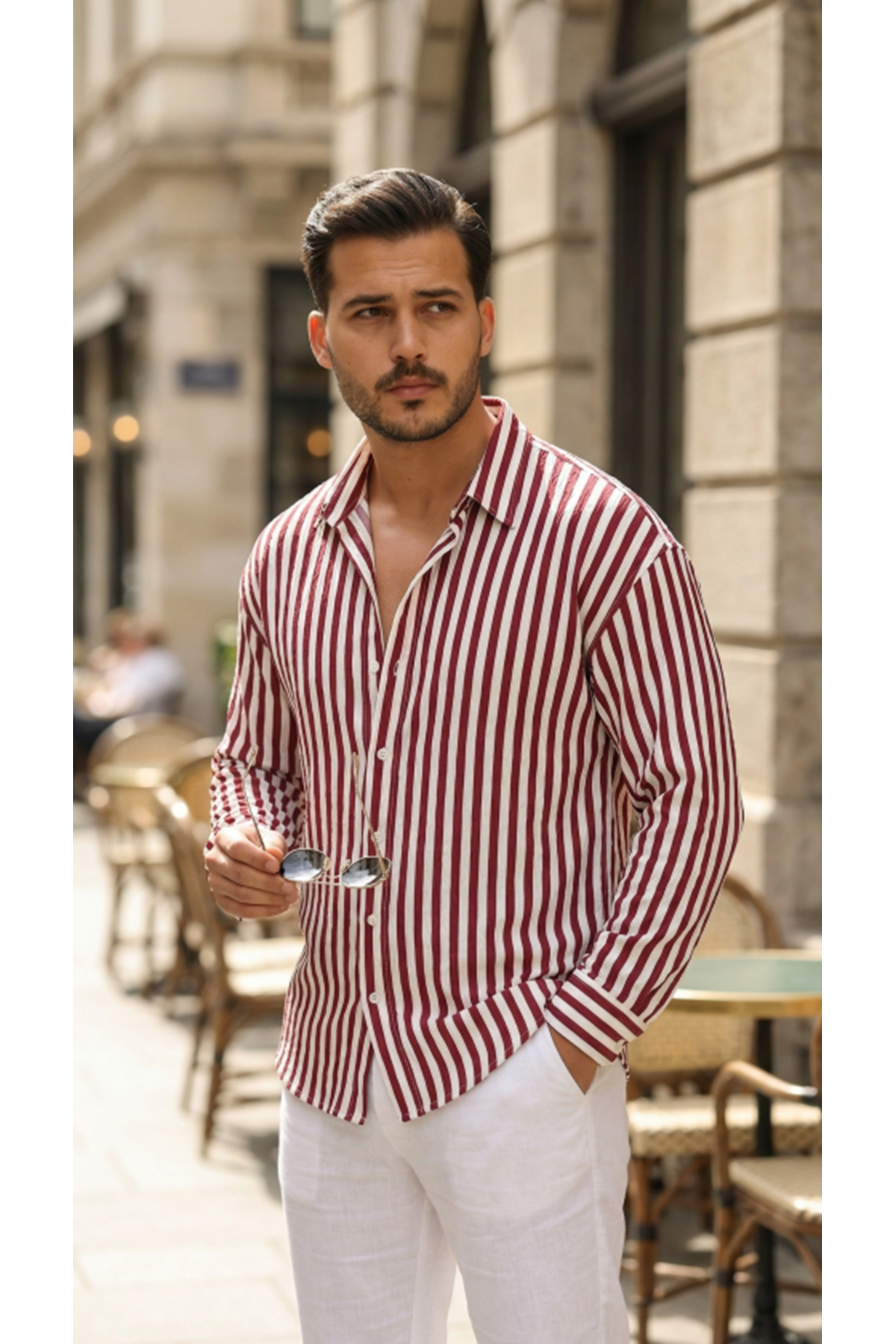 Erkek Dikey Çizgili Yarım Oversize Gömlek