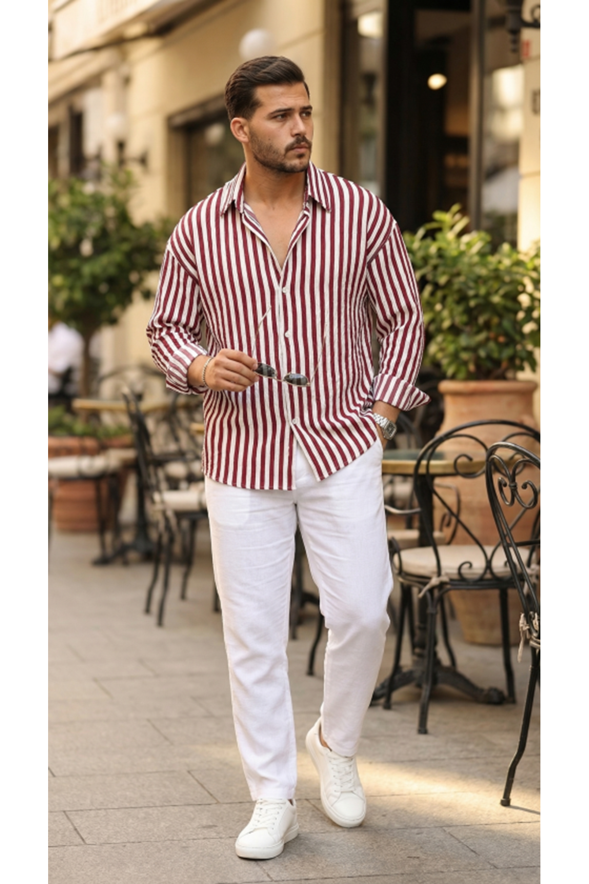 Erkek Dikey Çizgili Yarım Oversize Gömlek