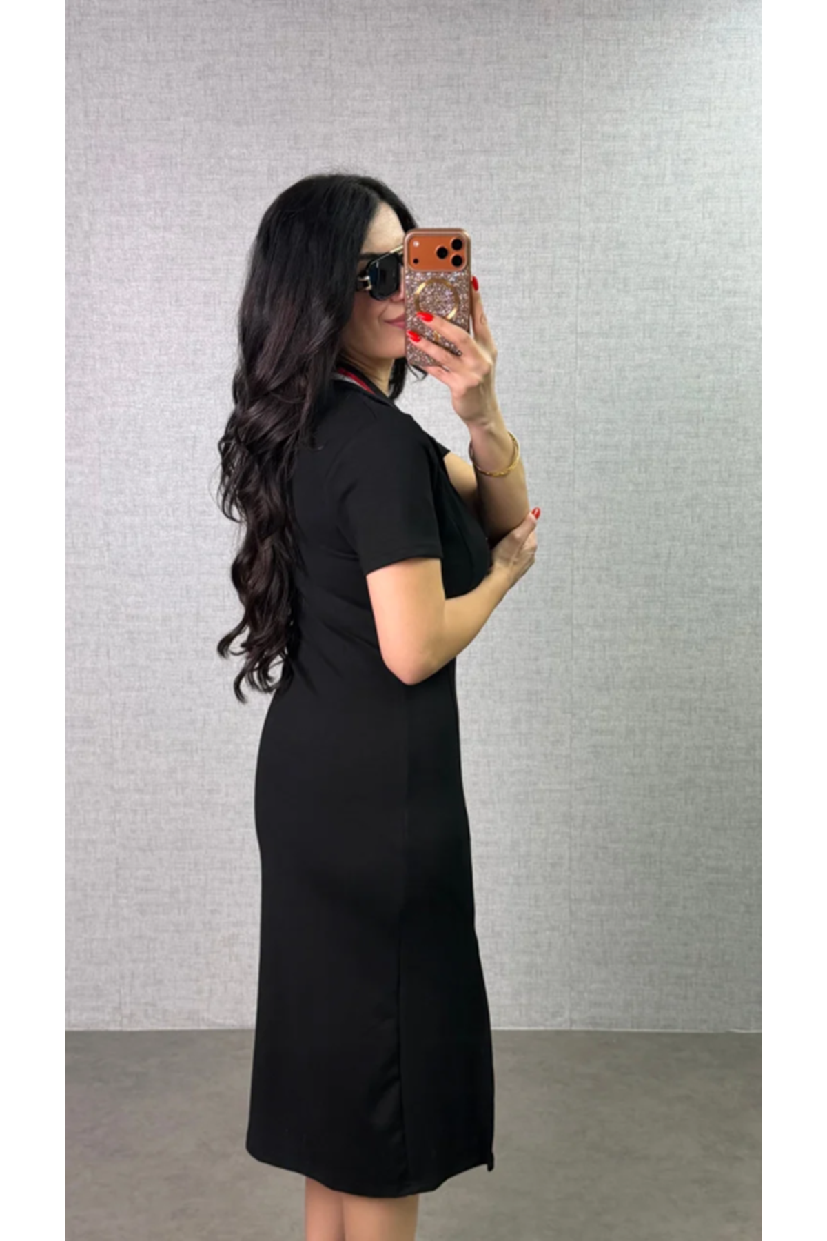 Kadın Polo Yaka çift Yırtmaç Detay Modal Kumaş Midi Boy Elbise