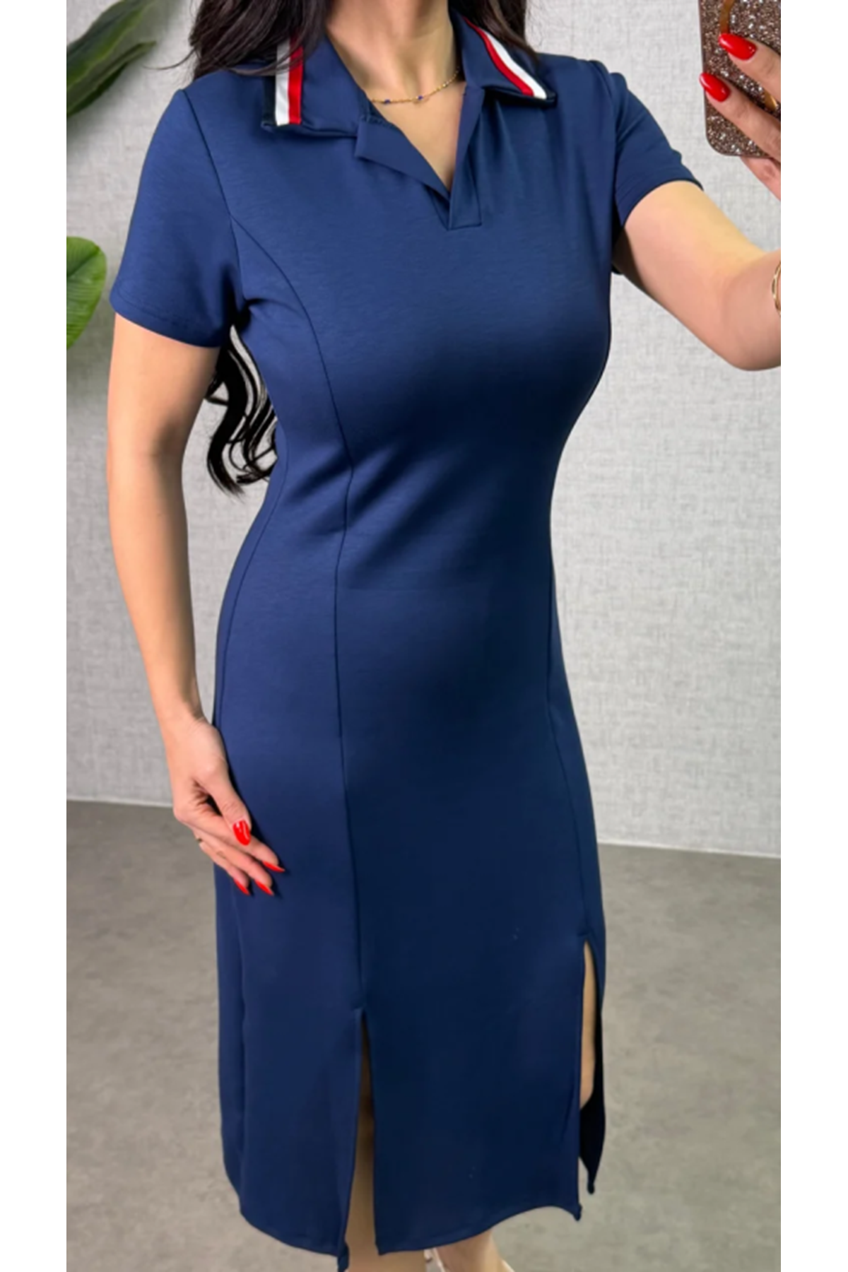 Kadın Polo Yaka çift Yırtmaç Detay Modal Kumaş Midi Boy Elbise