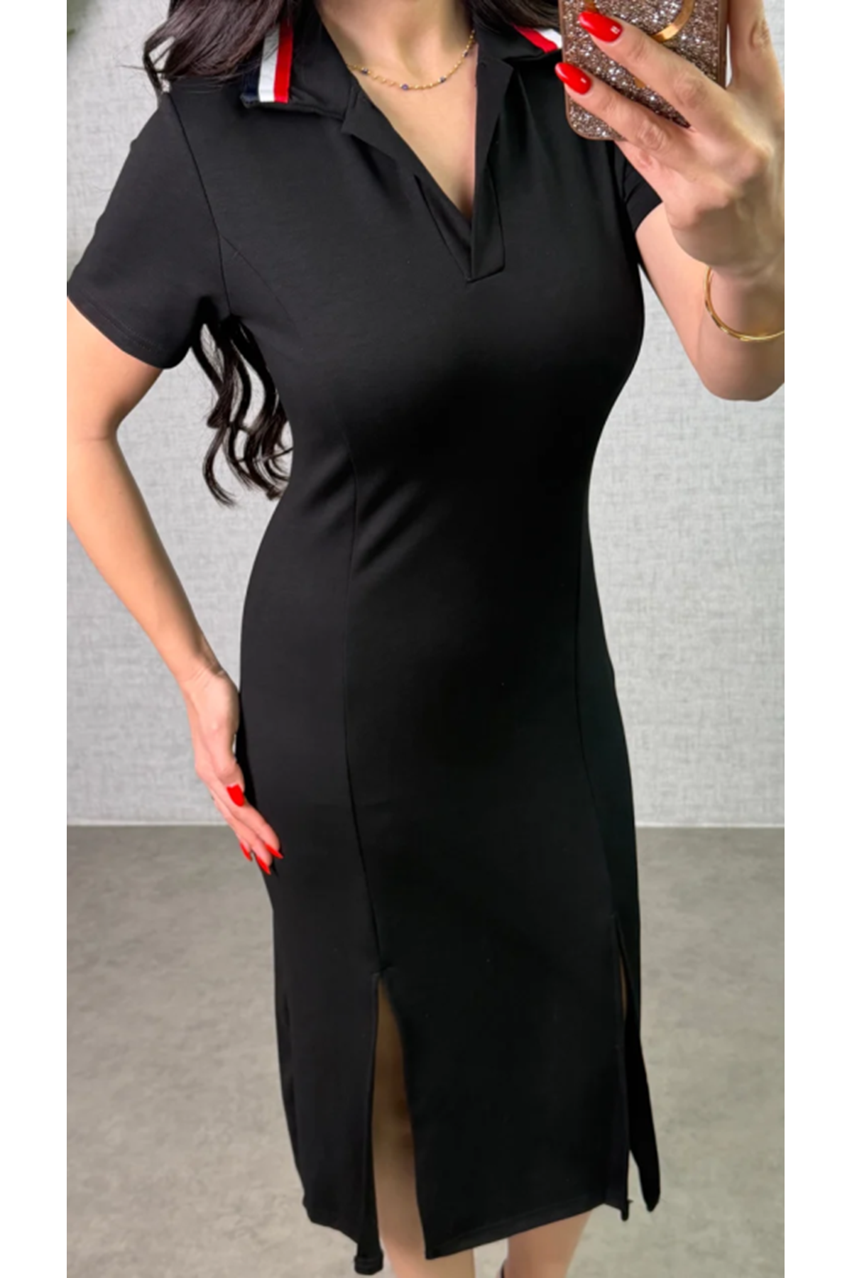 Kadın Polo Yaka çift Yırtmaç Detay Modal Kumaş Midi Boy Elbise