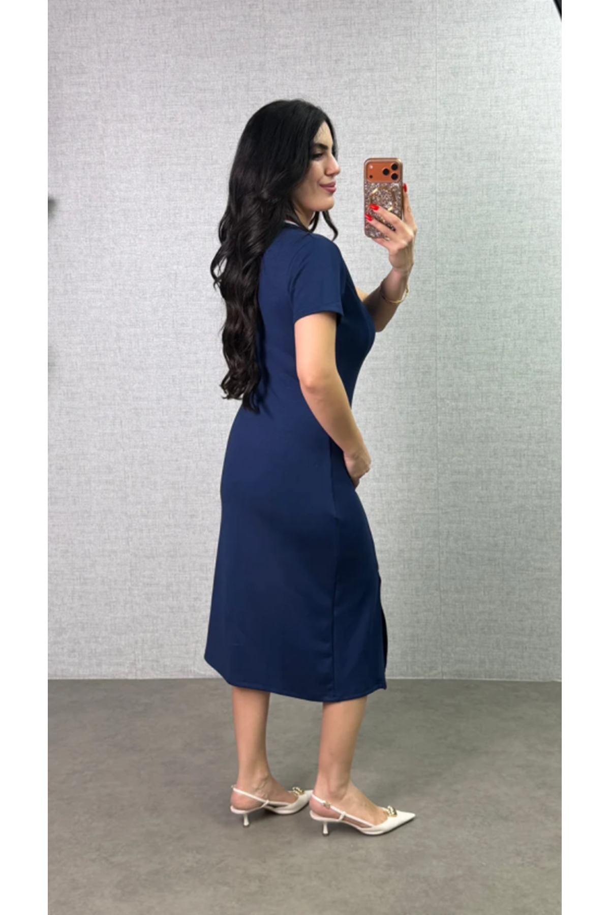 Kadın Polo Yaka çift Yırtmaç Detay Modal Kumaş Midi Boy Elbise