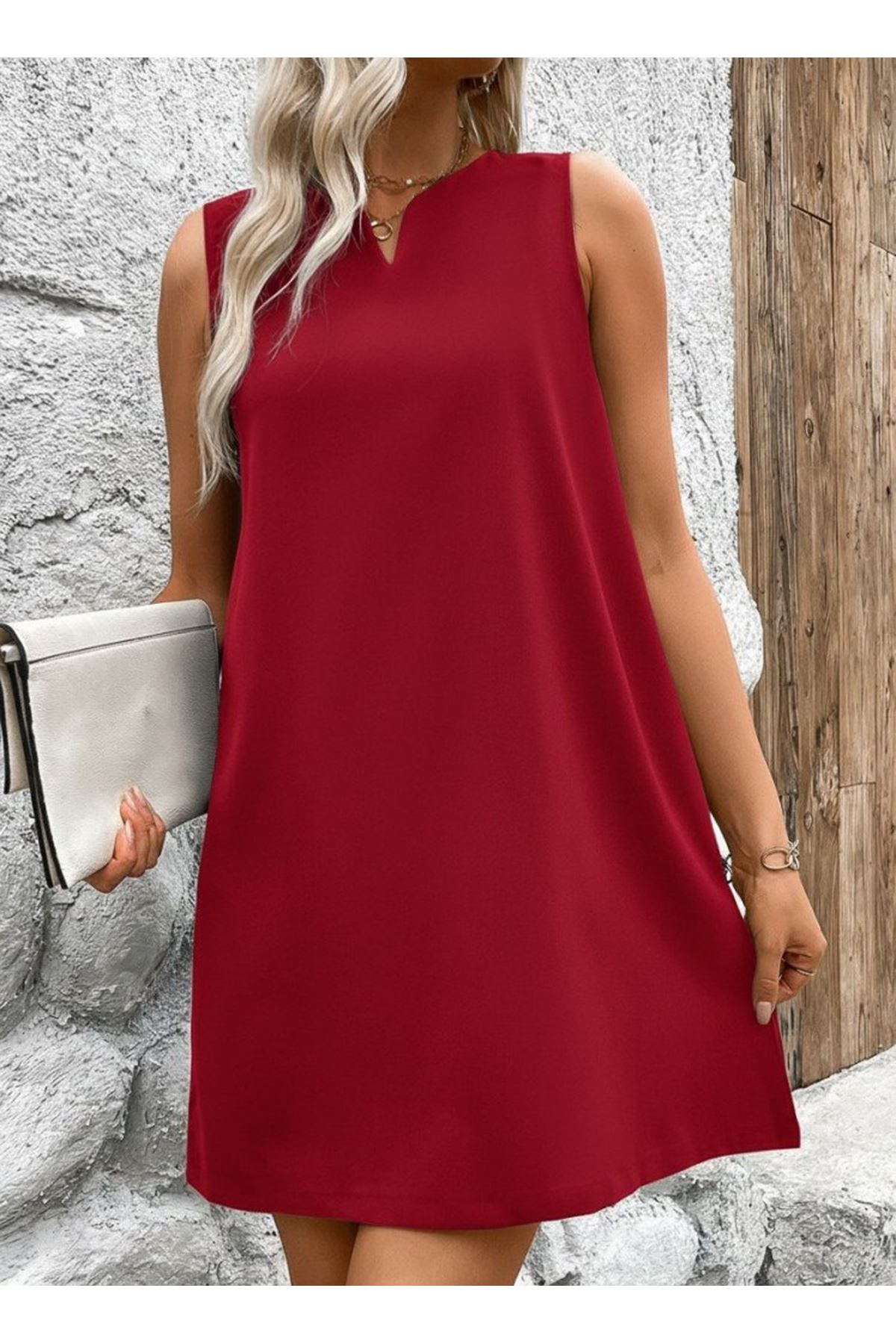 Kadın Askılı V Yakalı Geniş Kesim Detaylı Kısa Janjan Krep Elbise