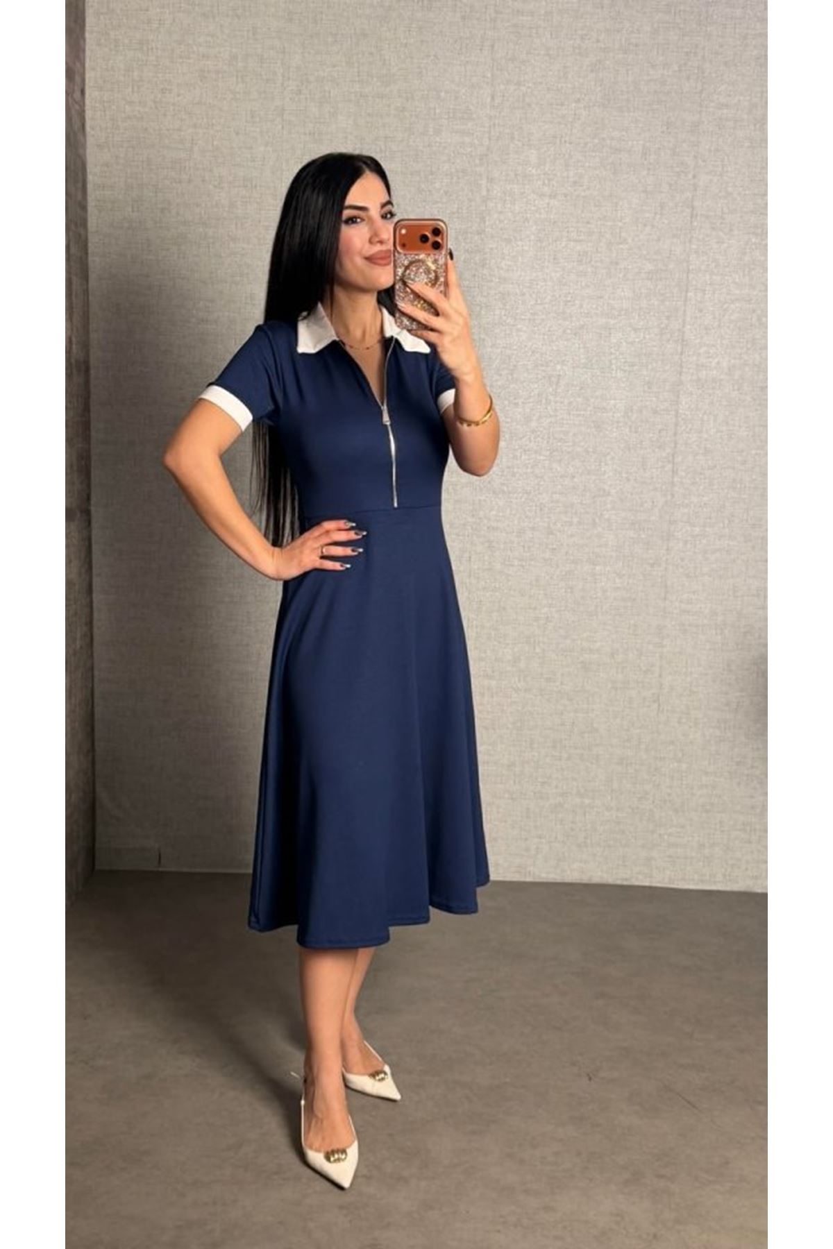 Kadın Kısa Kollu Ribana Ve Fermuar Detay Midi Boy Elbise