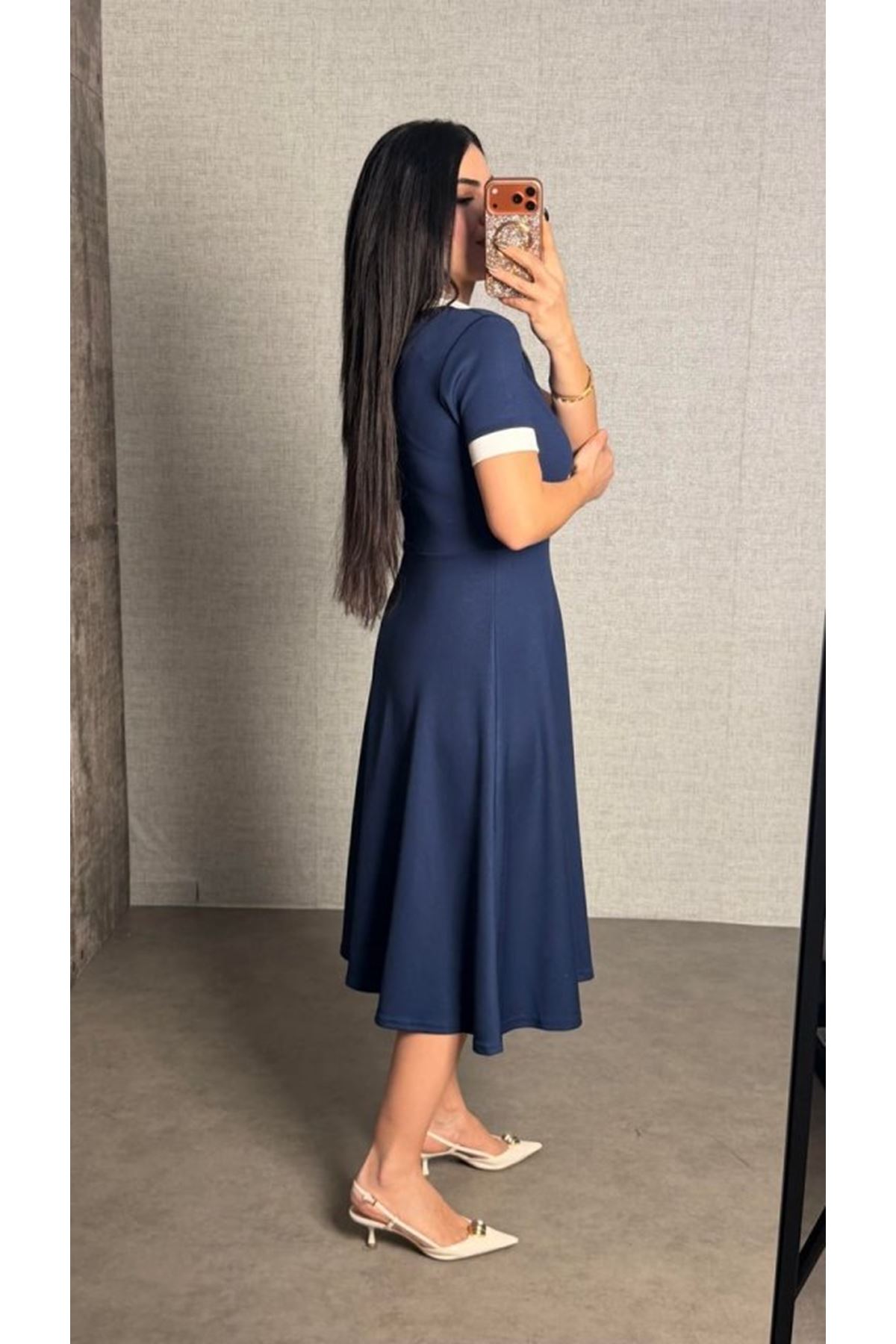 Kadın Kısa Kollu Ribana Ve Fermuar Detay Midi Boy Elbise