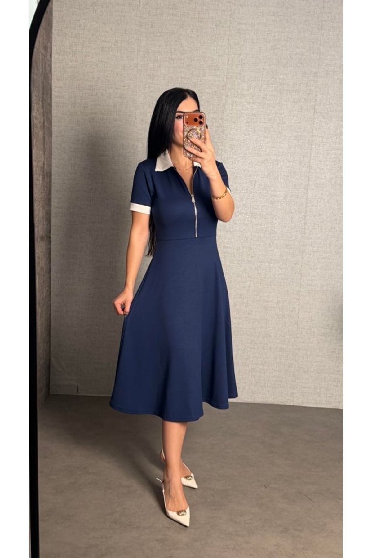 Kadın Kısa Kollu Ribana Ve Fermuar Detay Midi Boy Elbise
