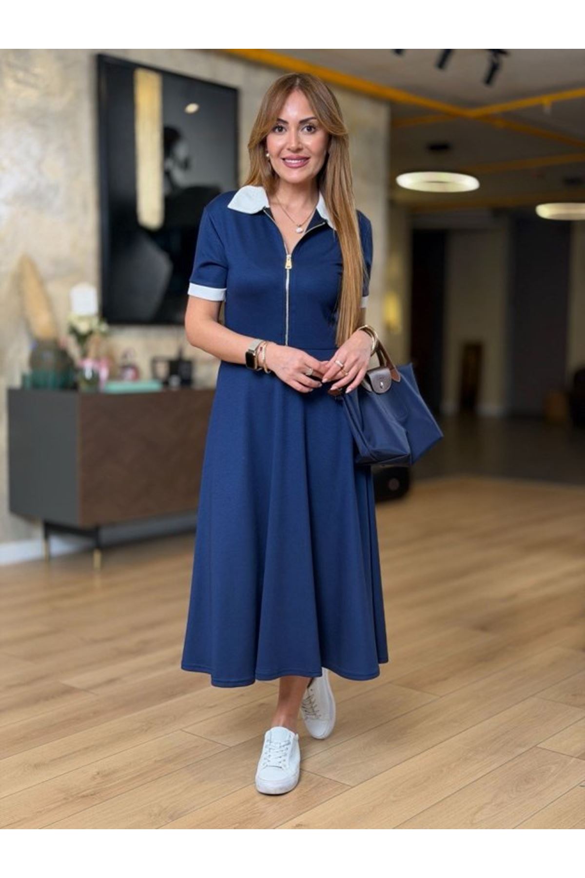 Kadın Kısa Kollu Ribana Ve Fermuar Detay Midi Boy Elbise